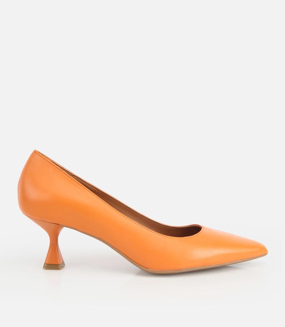 Kadın Deri Turuncu Kısa Topuklu Stiletto
