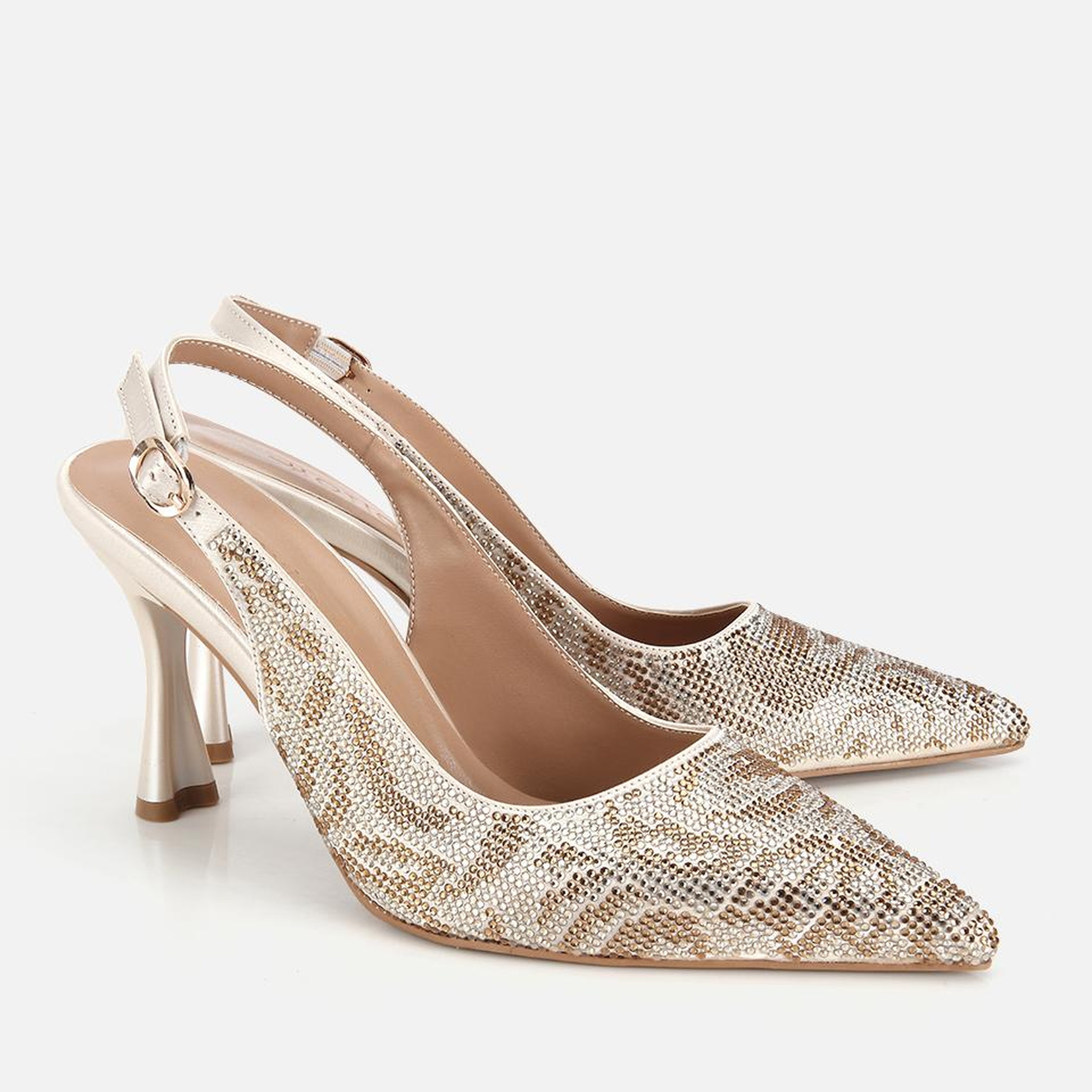 Kadın Gold Taş Detaylı Arkası Açık Stiletto