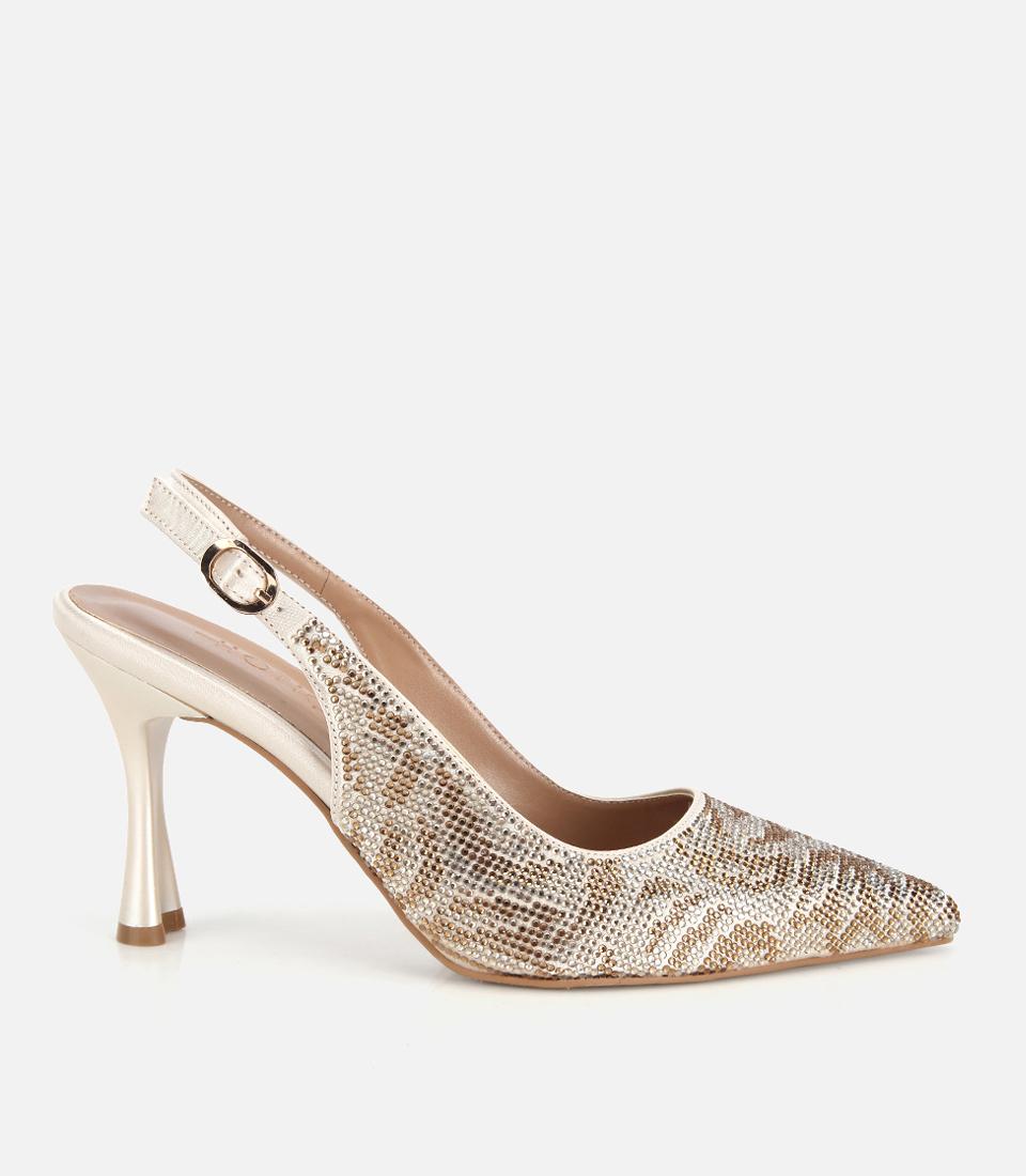 Kadın Gold Taş Detaylı Arkası Açık Stiletto
