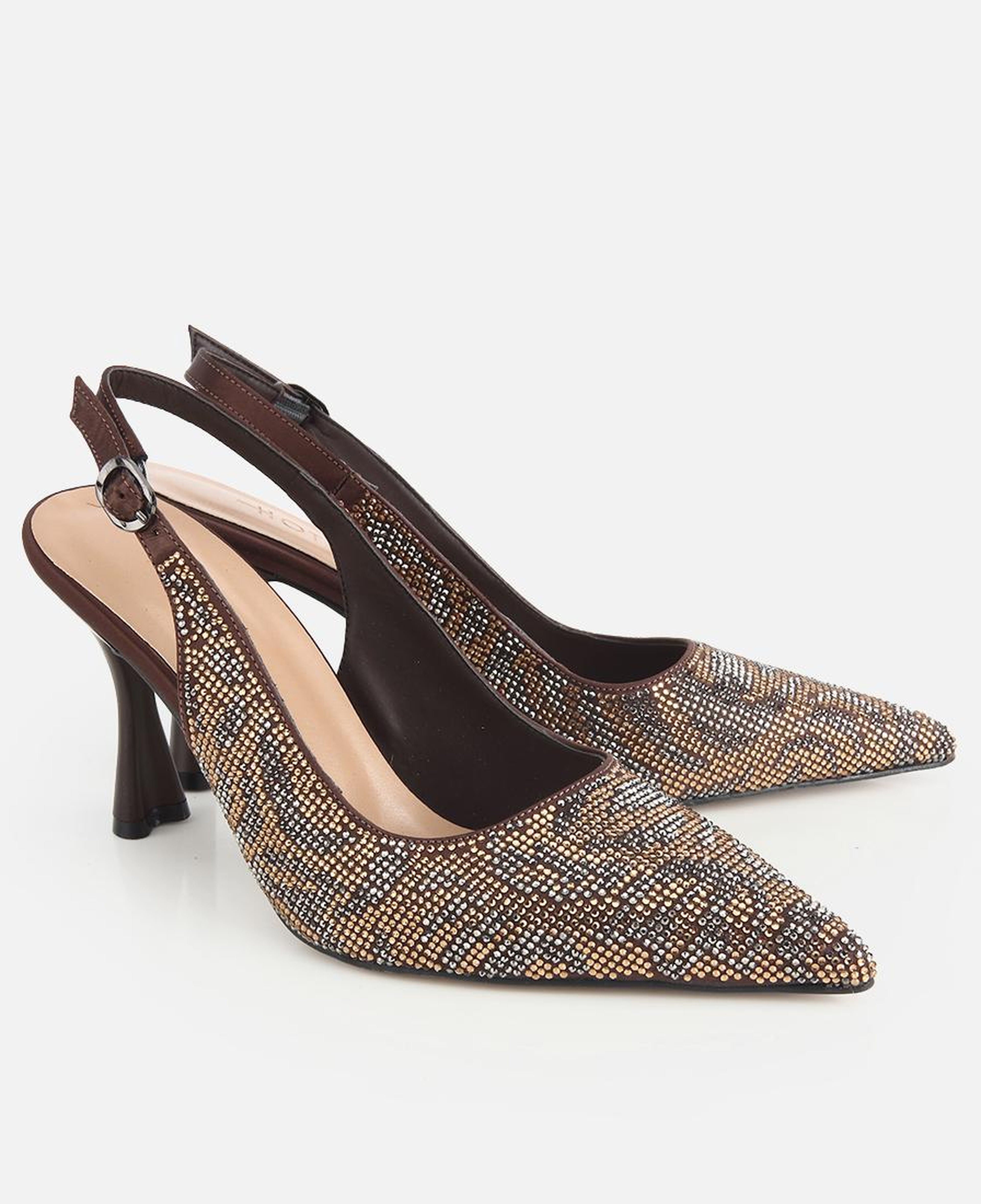 Kadın Kahverengi Arkası Açık Taşlı Stiletto
