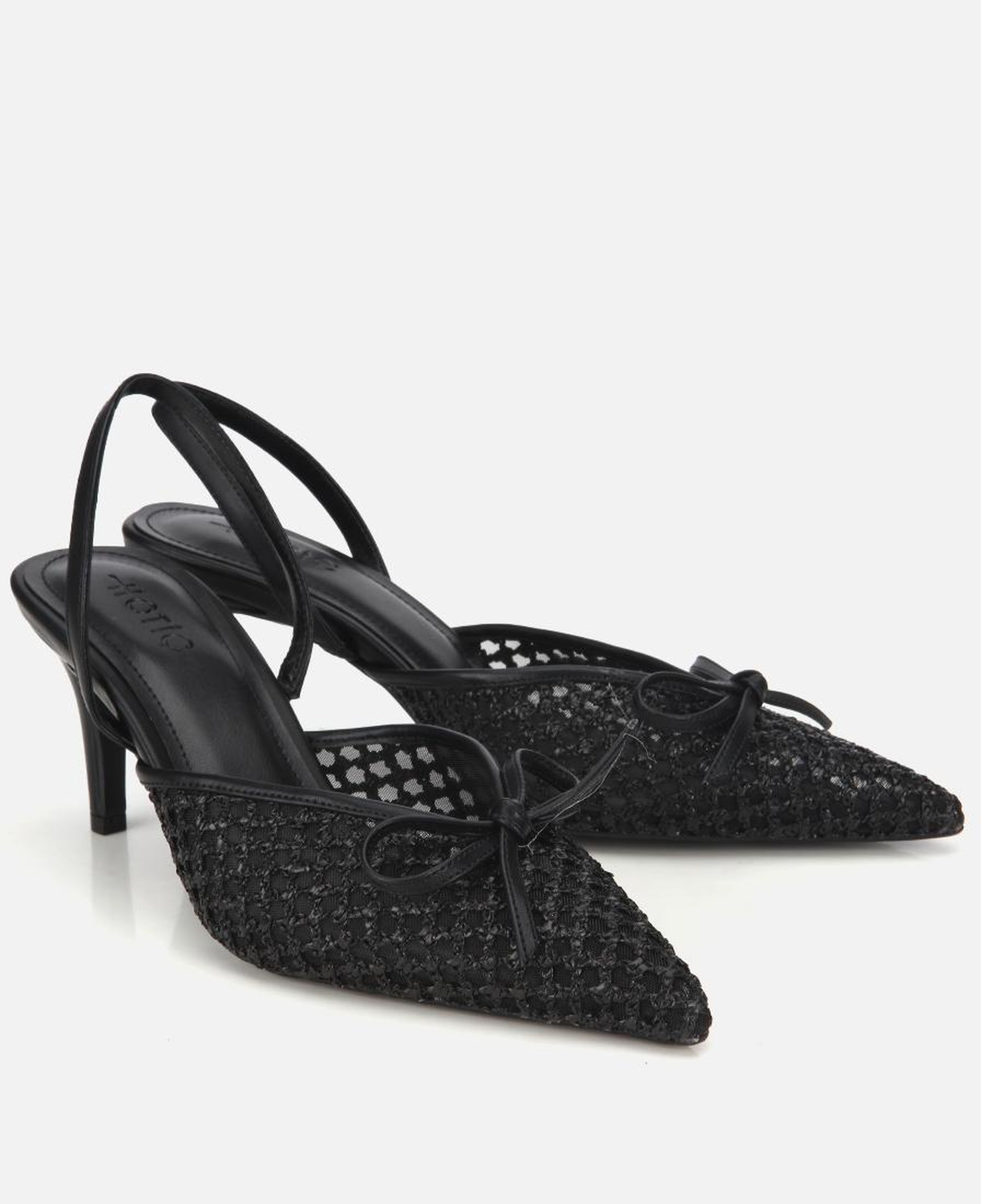 Kadın Siyah Hasır Detaylı Fiyonklu Kısa Topuklu Stiletto