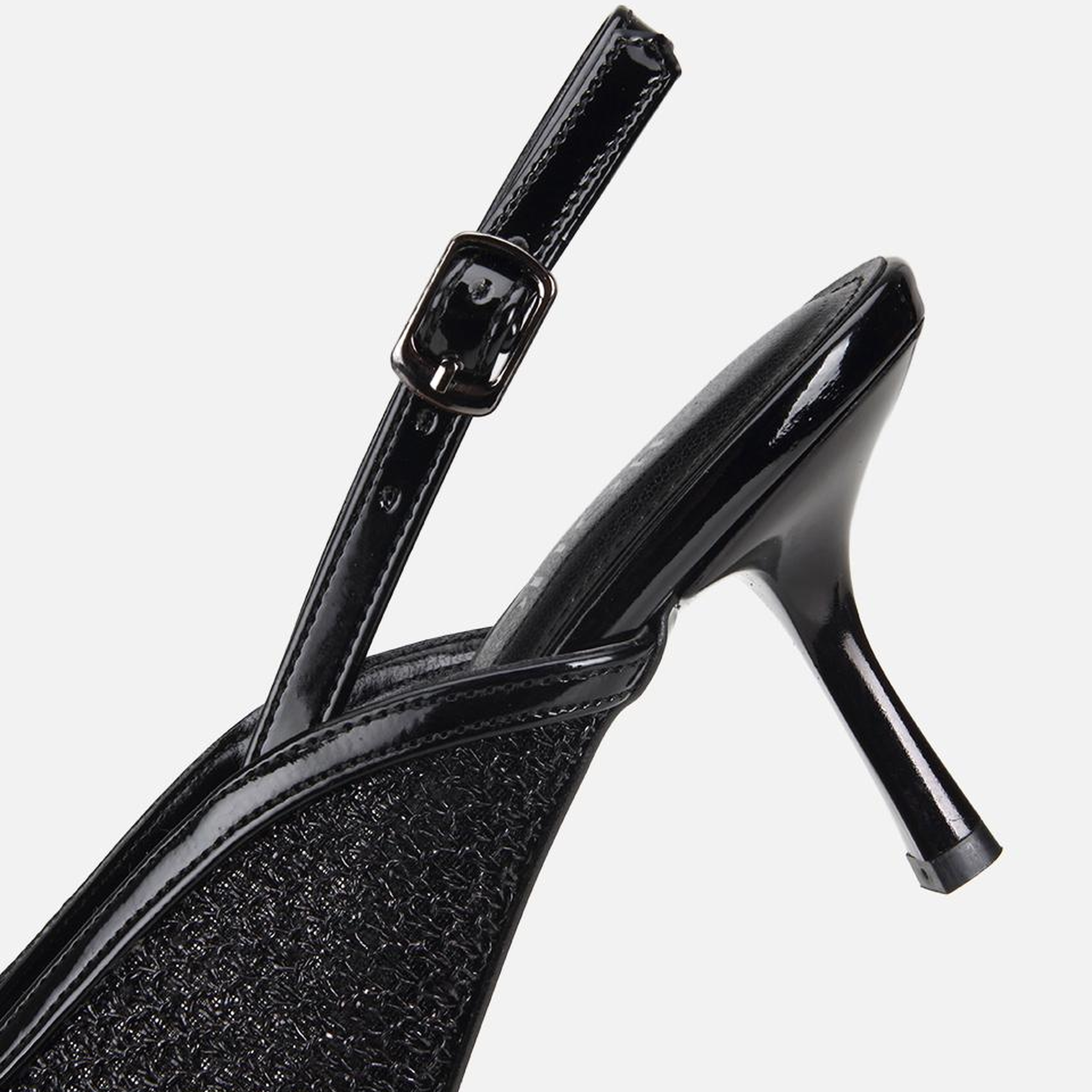 Kadın Siyah File Detaylı Kısa Topuklu Stiletto