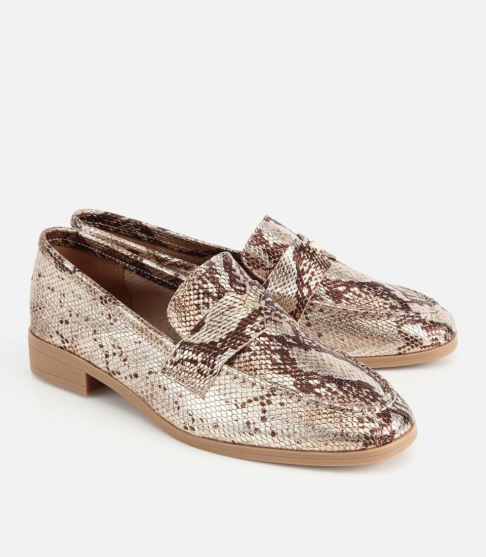 Kadın Deri Gold Yılan Baskılı Klasik Loafer