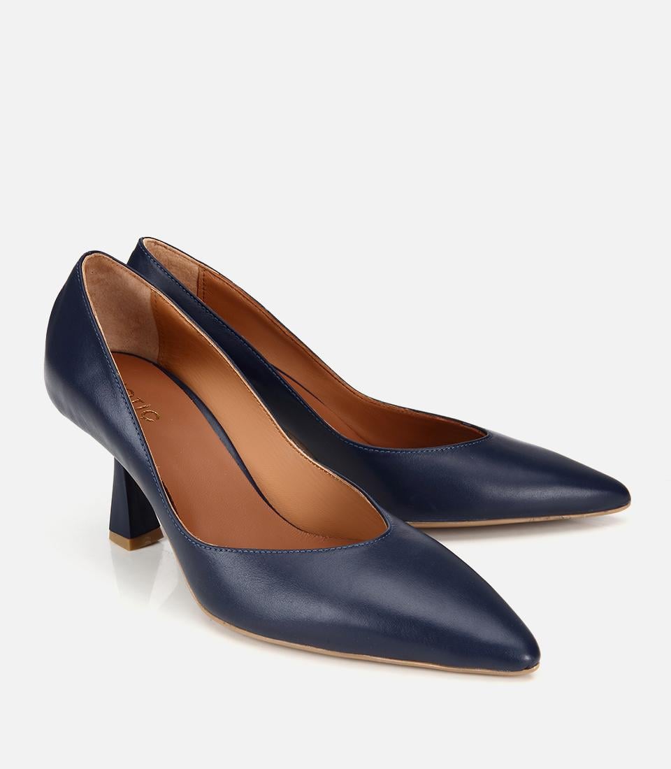 Kadın Deri Lacivert Kısa Topuklu Stiletto