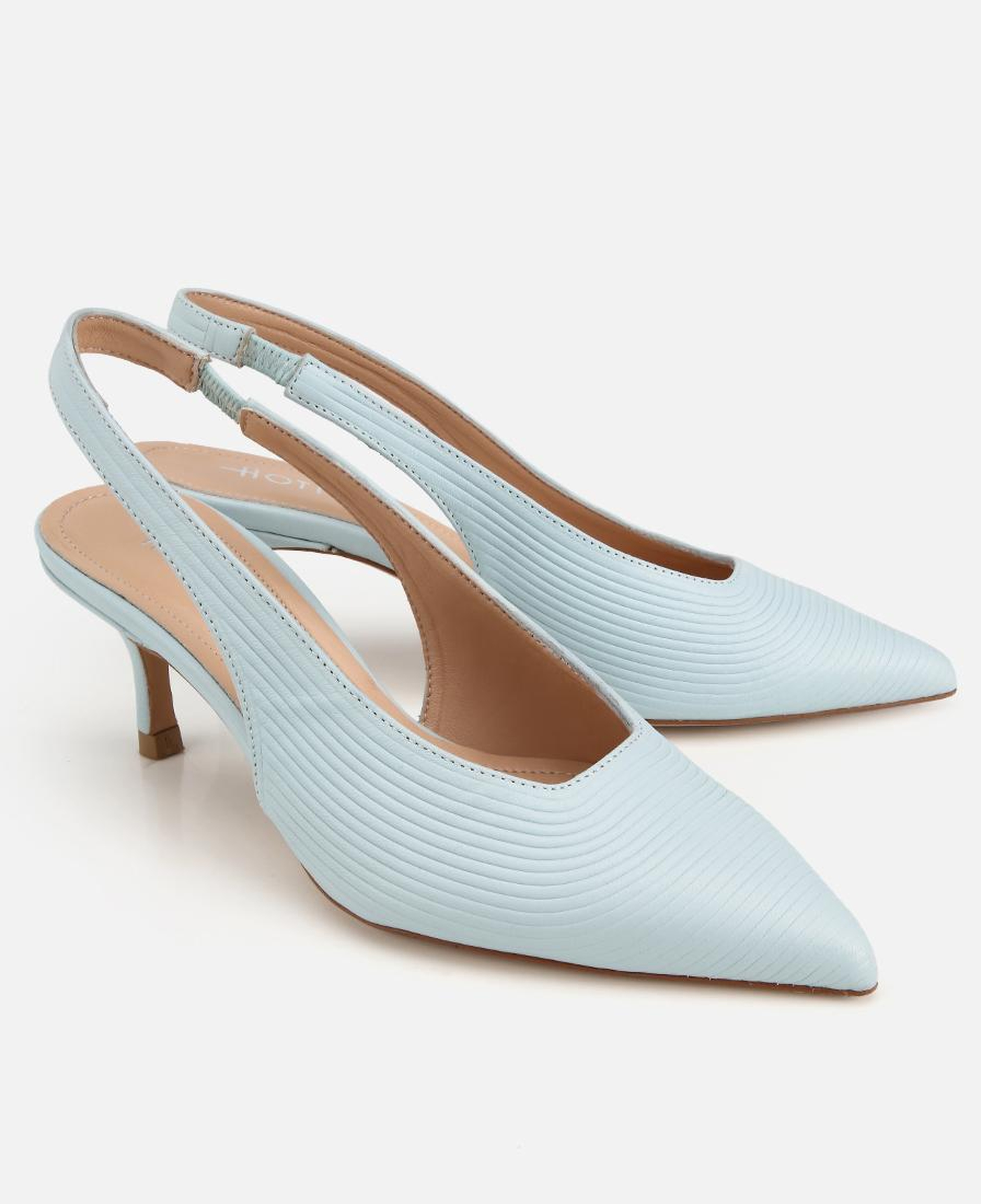 Kadın Deri Mavi Dokulu Yumuşak Arkası Açık Kısa Topuklu Stiletto