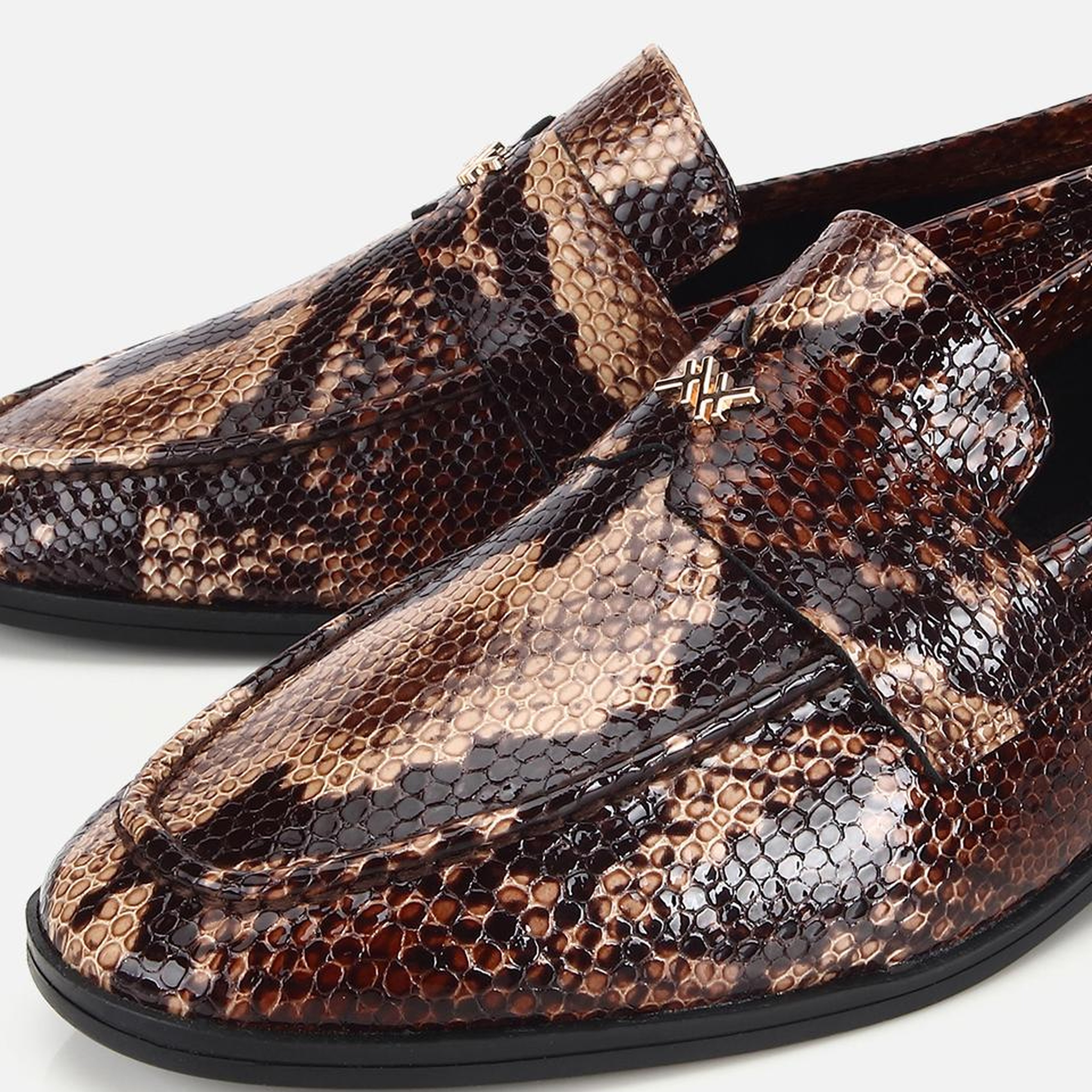 Kadın Deri Kahverengi Yılan Baskılı Klasik Loafer