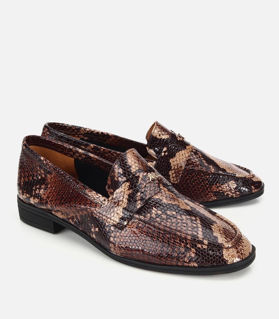 Kadın Deri Kahverengi Yılan Baskılı Klasik Loafer