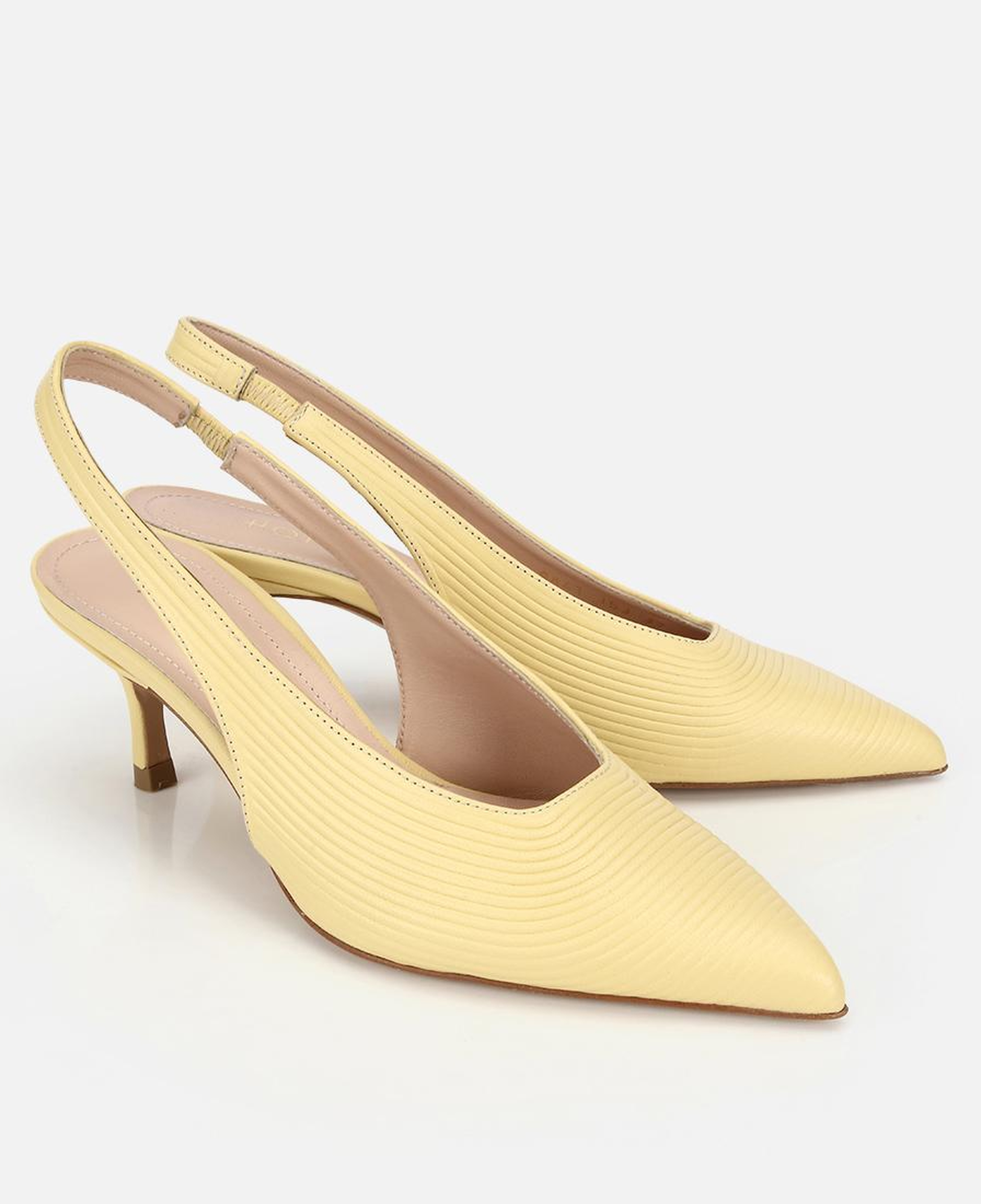 Kadın Deri Sarı Dokulu Yumuşak Arkası Açık Kısa Topuklu Stiletto