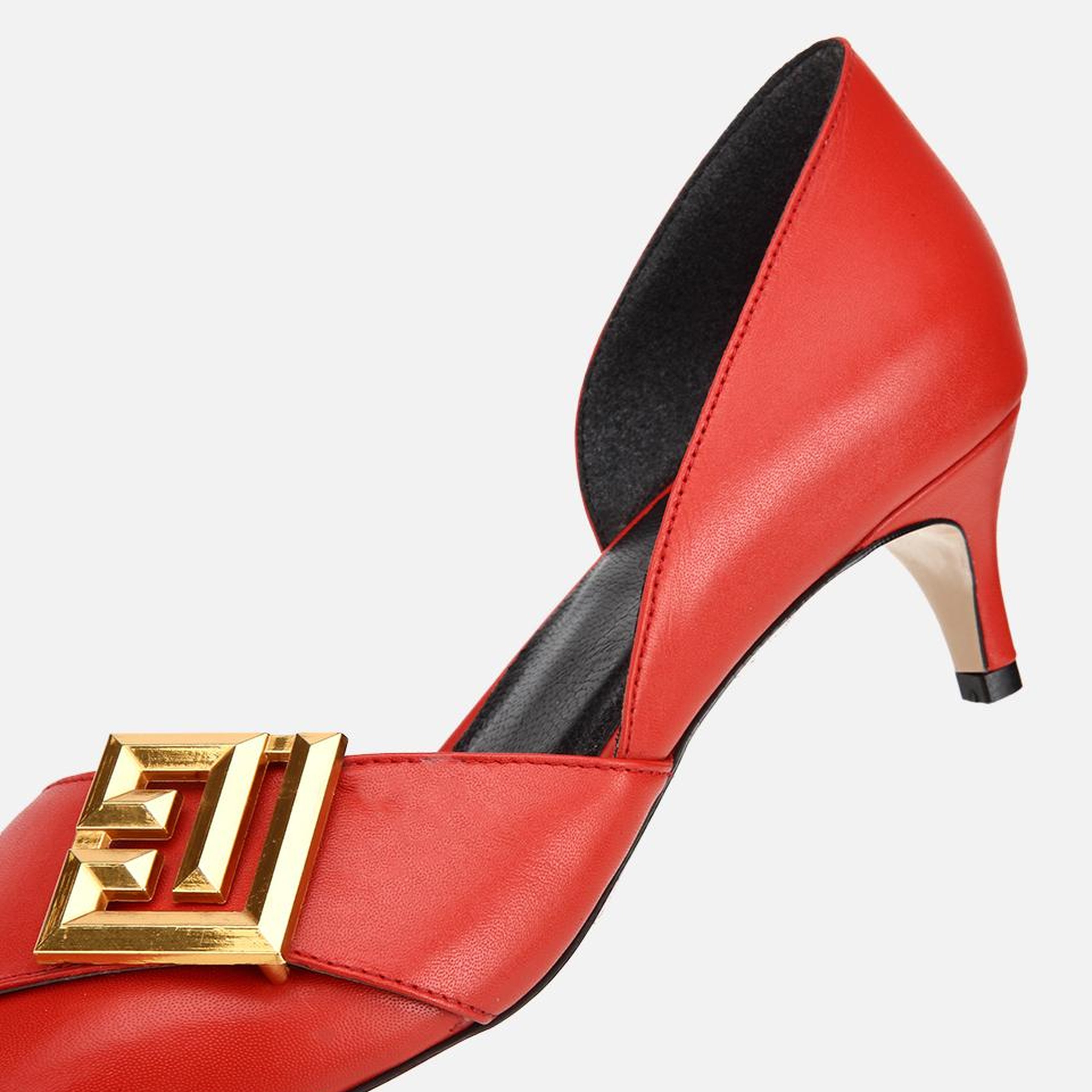 Kadın Deri Kırmızı Gold Tokalı Kısa Topuklu Stiletto