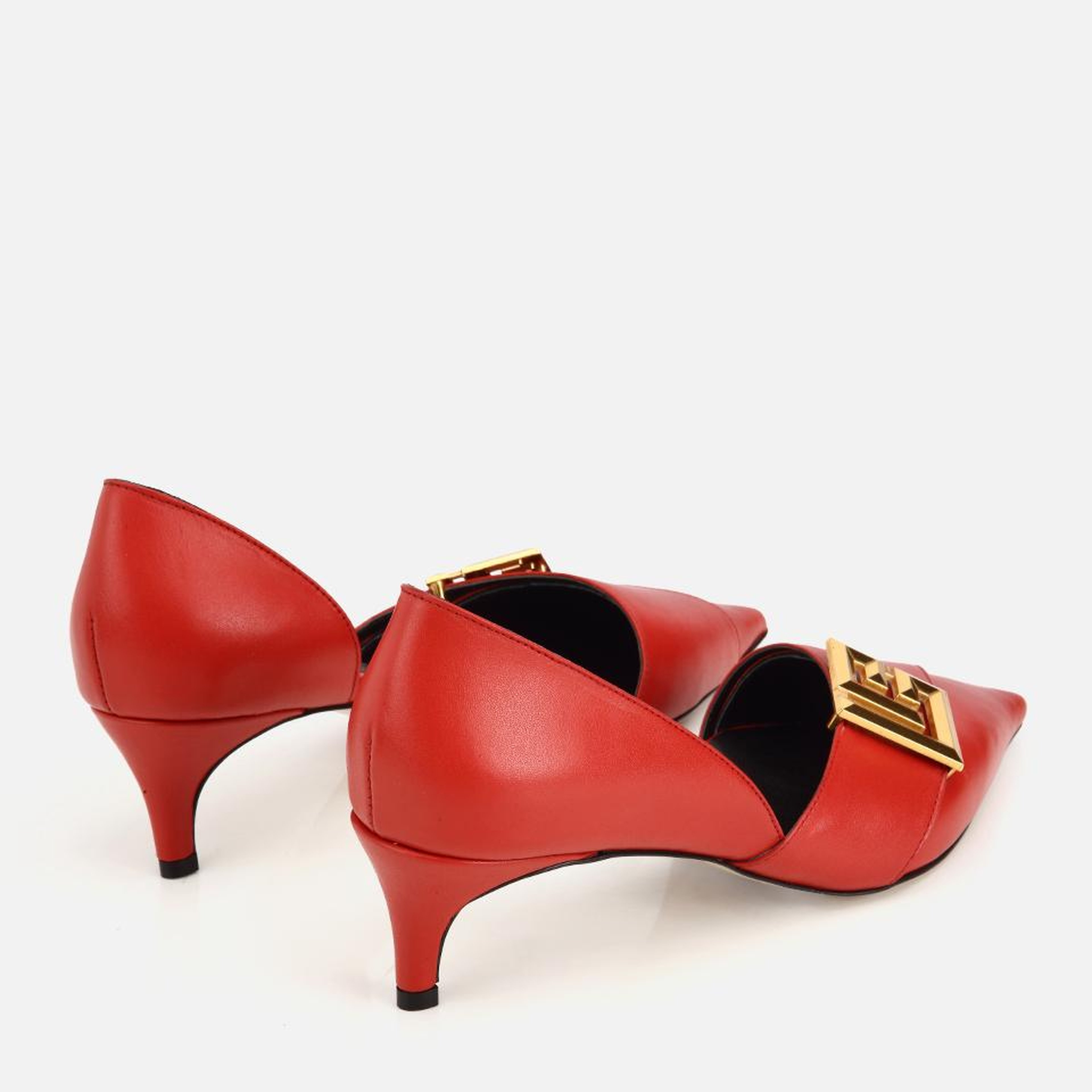 Kadın Deri Kırmızı Gold Tokalı Kısa Topuklu Stiletto