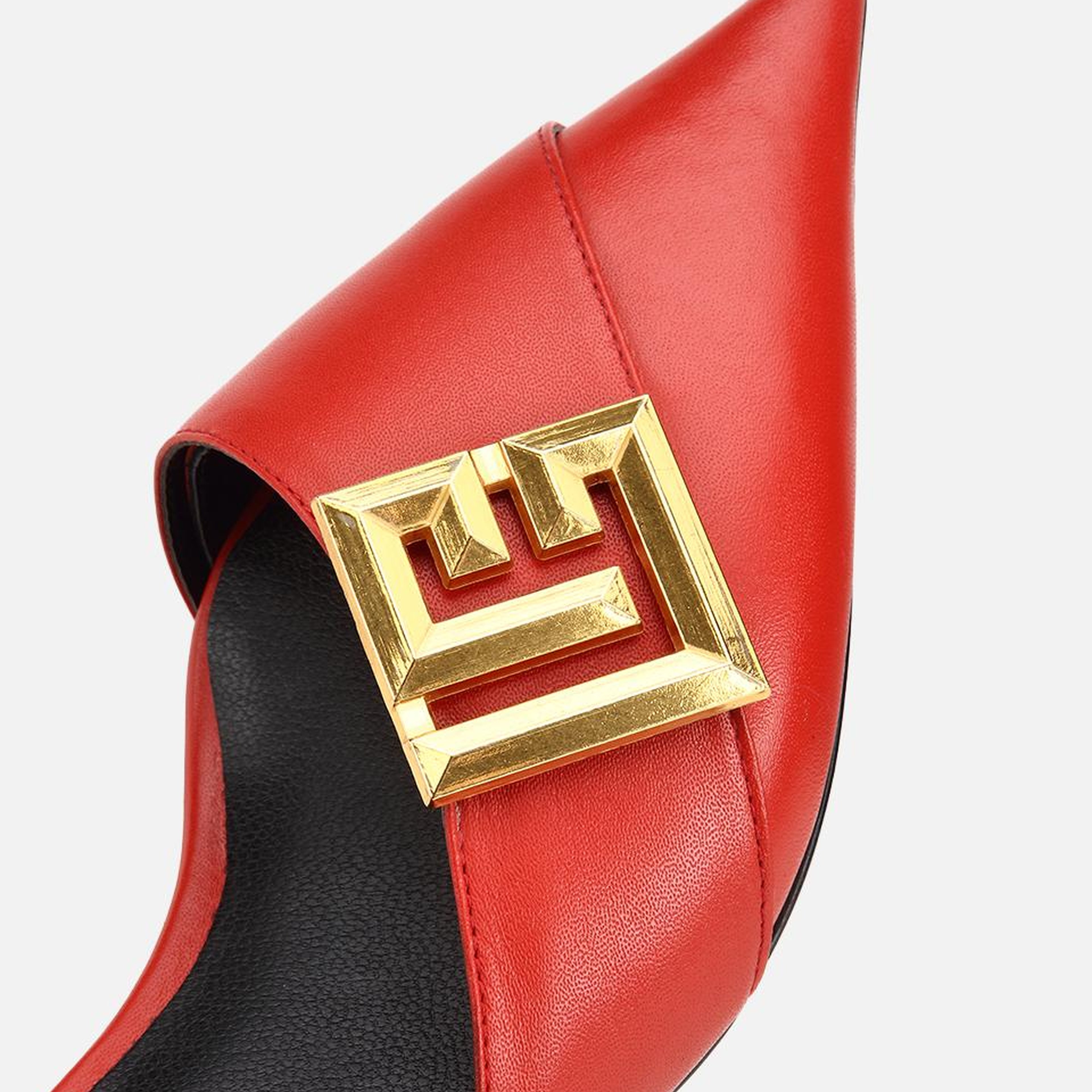 Kadın Deri Kırmızı Gold Tokalı Kısa Topuklu Stiletto