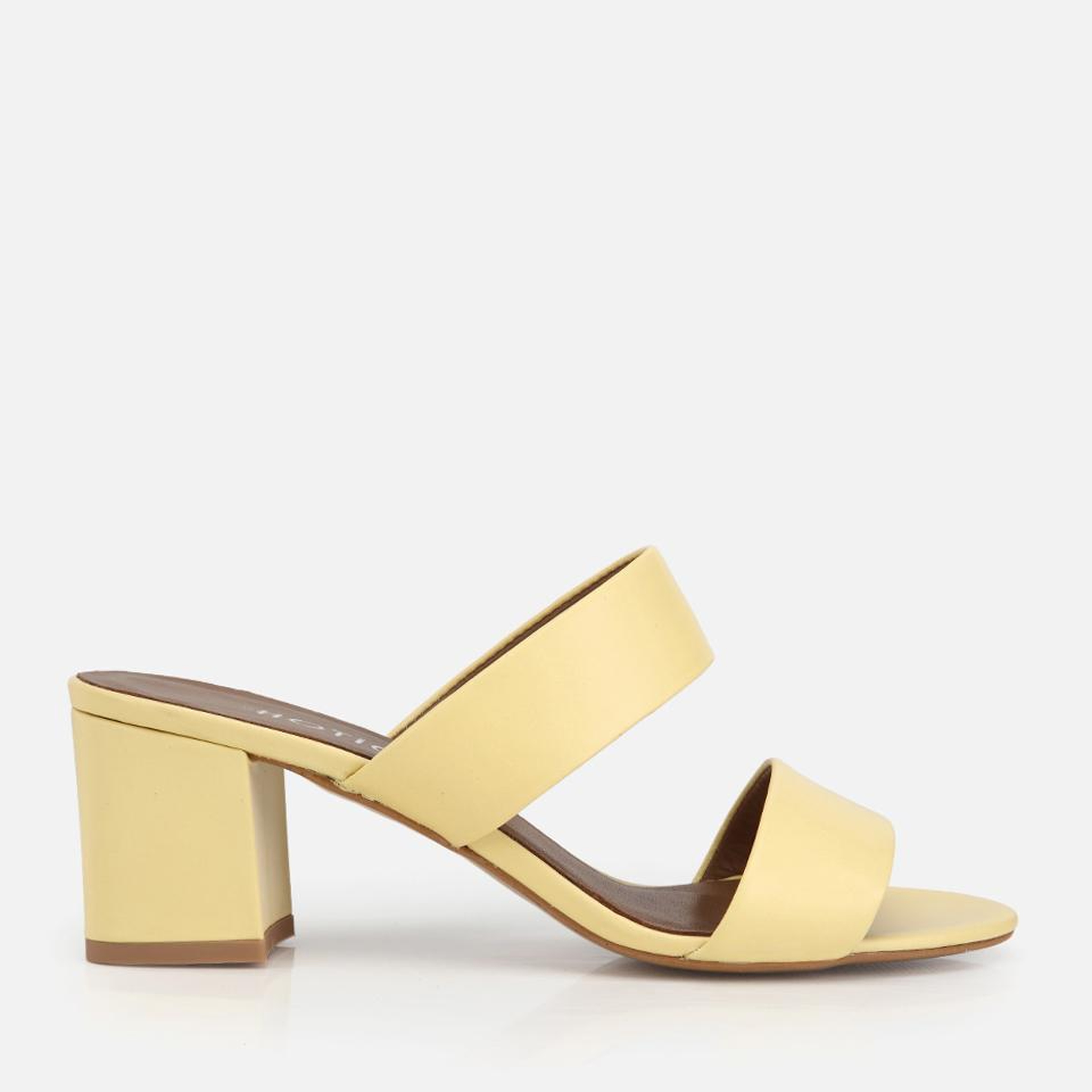 Kadın Deri Sarı Bantlı Kalın Topuklu Terlik