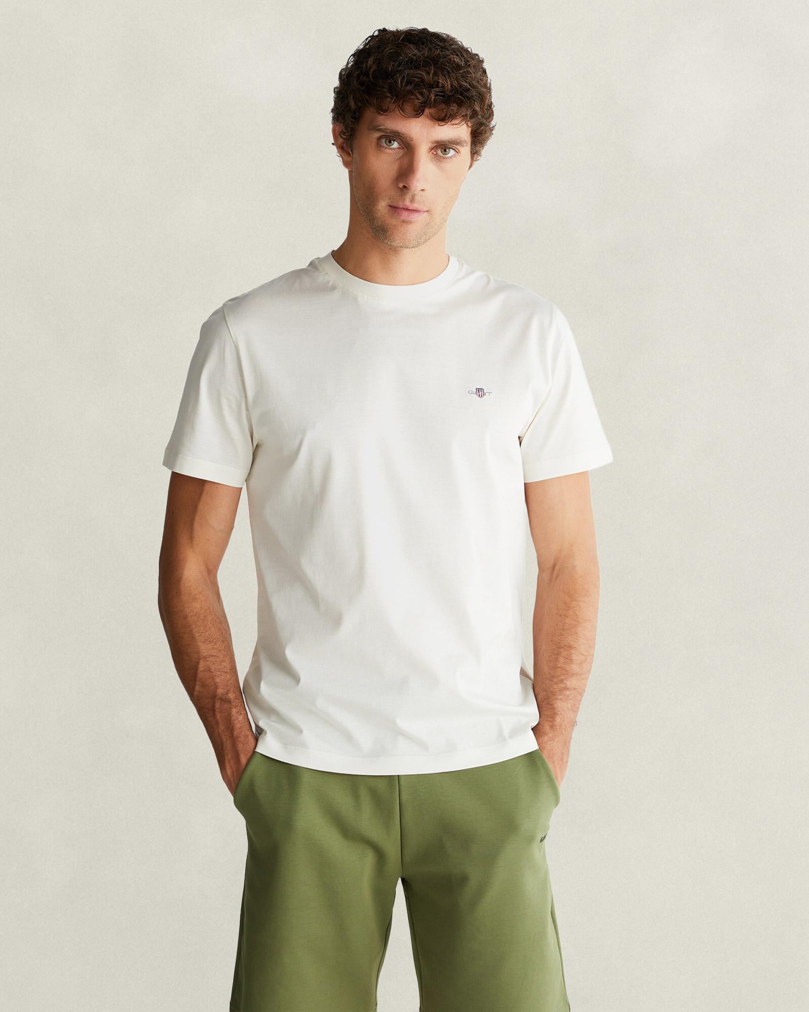GANT Erkek Beyaz Bisiklet Yaka Regular Fit Logolu T-Shirt