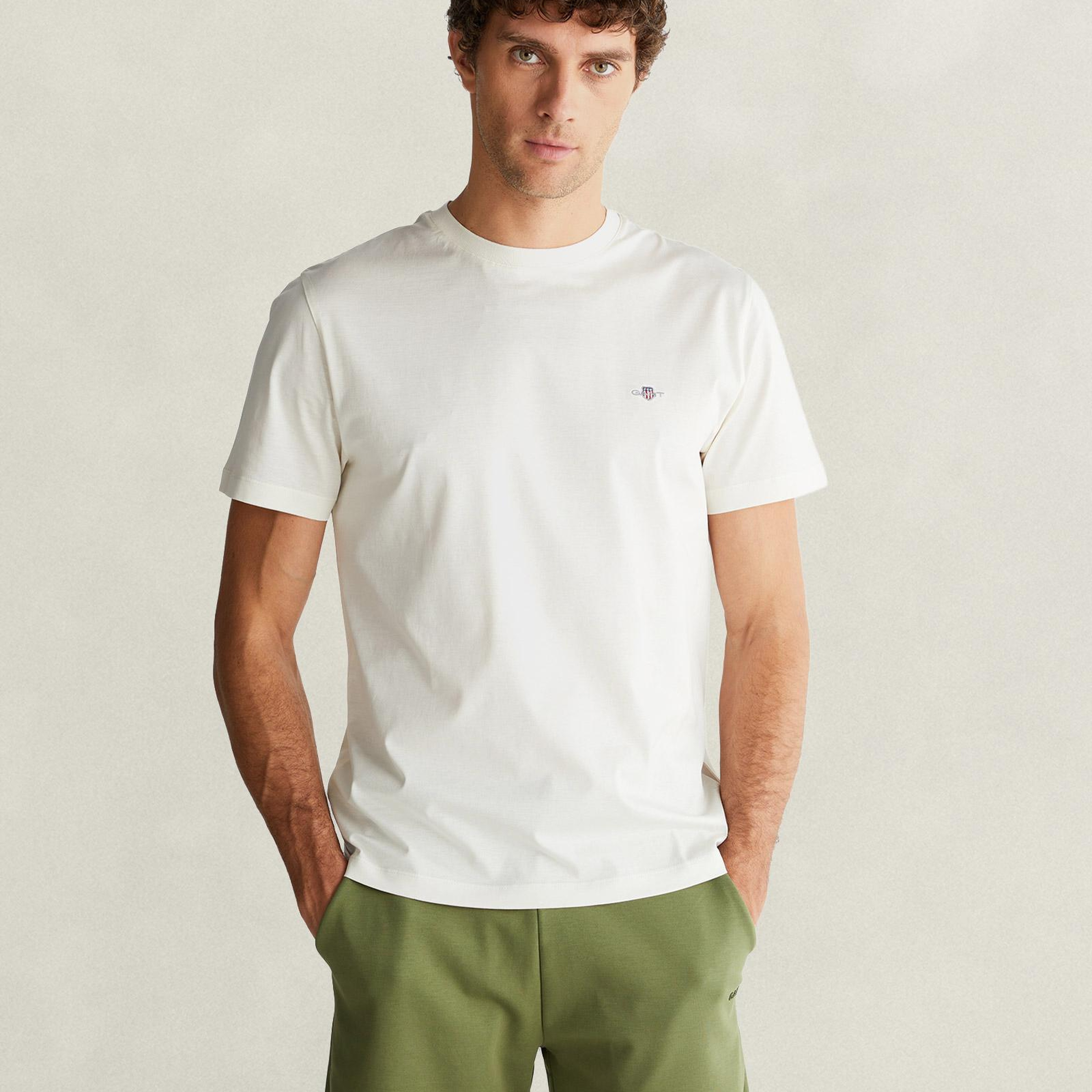 GANT Erkek Beyaz Bisiklet Yaka Regular Fit Logolu T-Shirt
