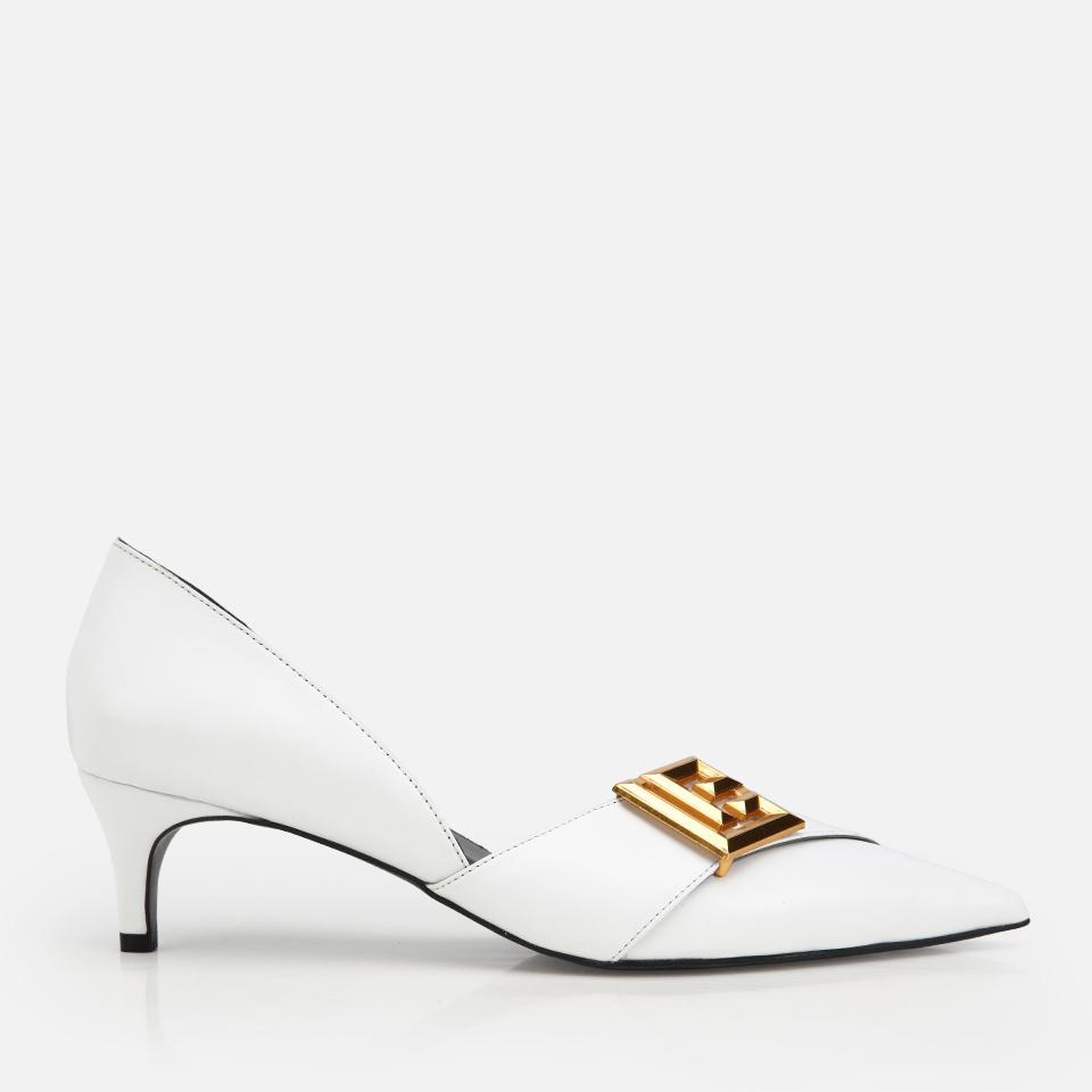 Kadın Deri Beyaz Gold Tokalı Kısa Topuklu Stiletto
