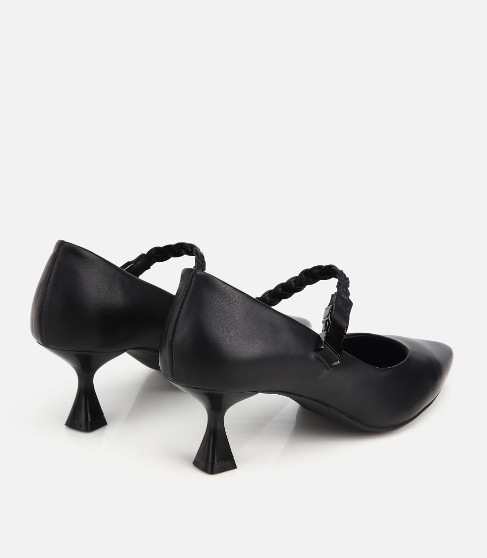 Kadın Deri Siyah Örgü Bantlı İnce Topuklu Stiletto