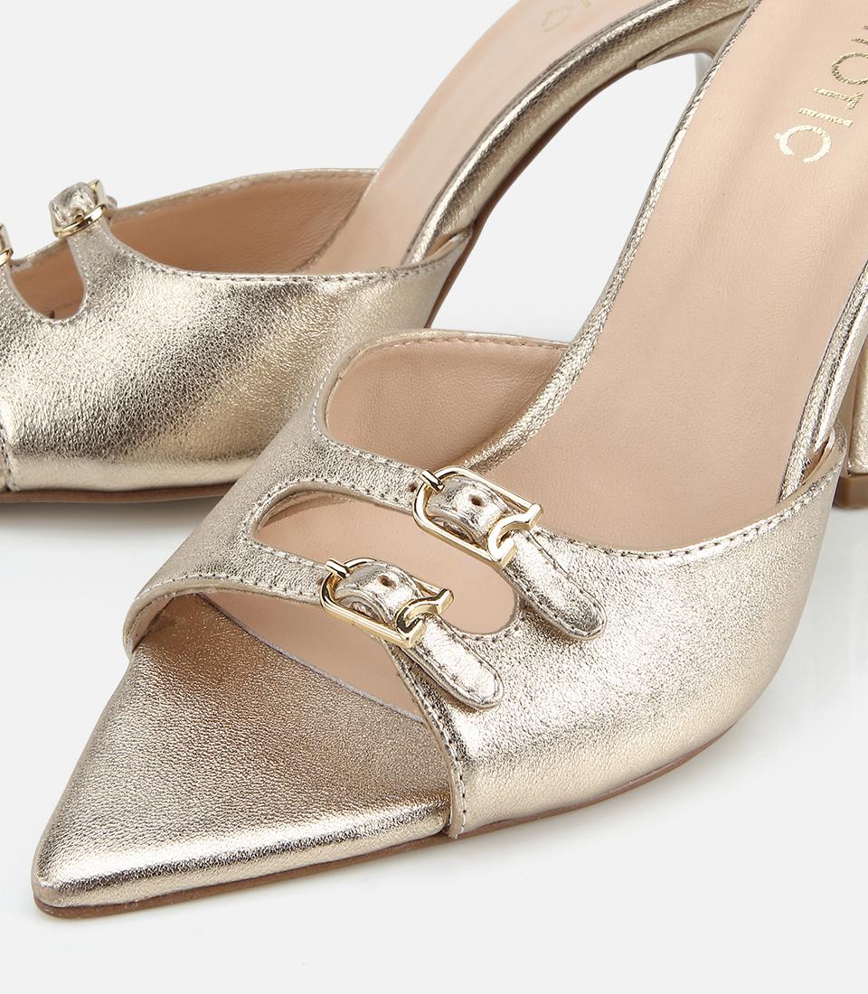 Kadın Deri Gold Kemerli İnce Topuklu Terlik