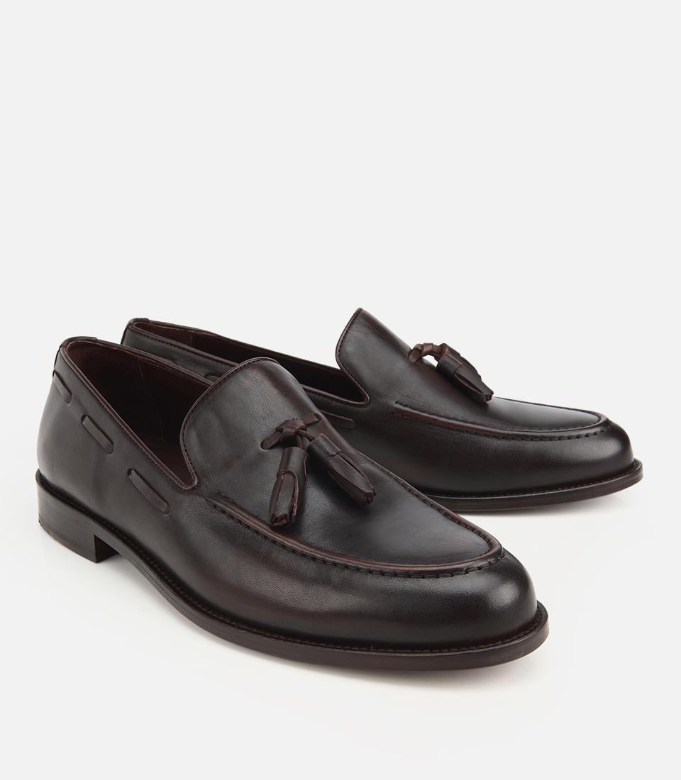 Erkek Deri Kahverengi Püskül Detaylı Klasik Loafer
