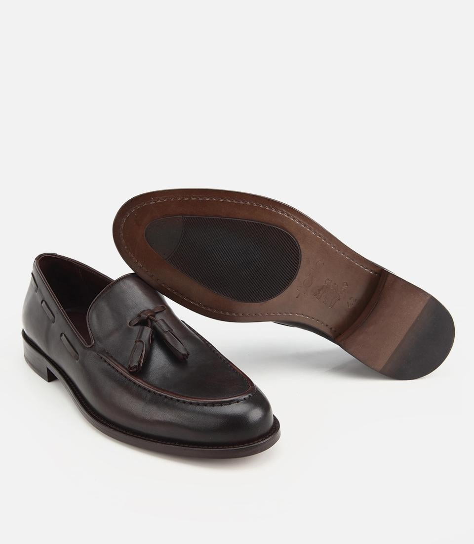 Erkek Deri Kahverengi Püskül Detaylı Klasik Loafer