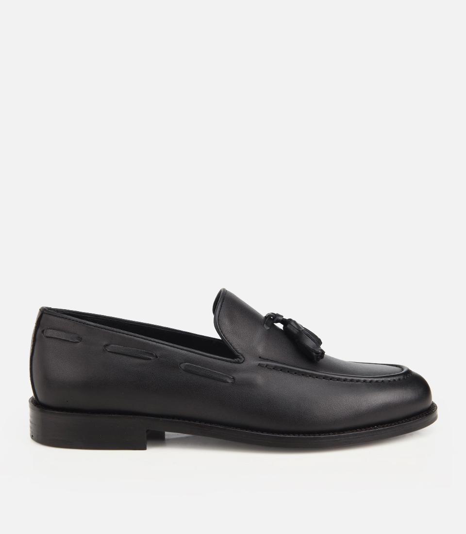 Erkek Deri Siyah Püskül Detaylı Klasik Loafer