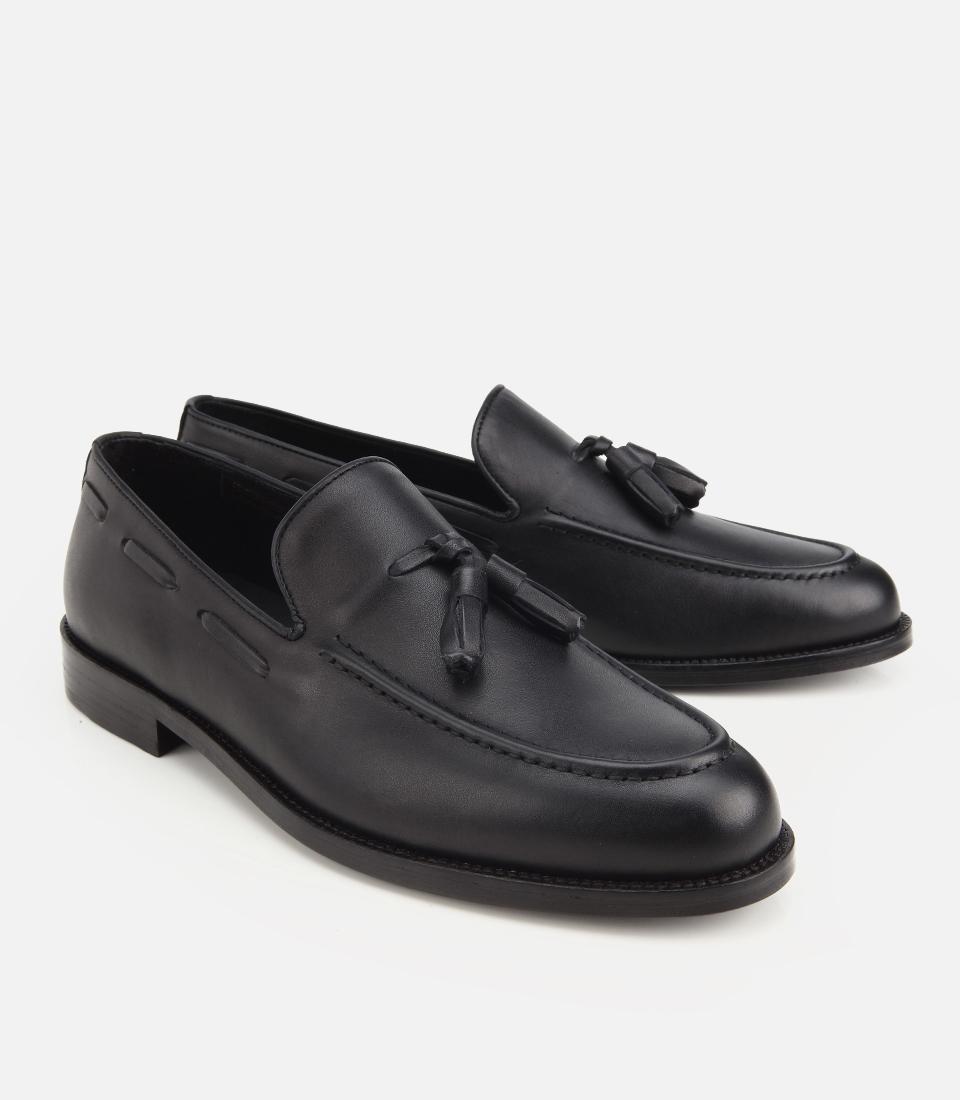 Erkek Deri Siyah Püskül Detaylı Klasik Loafer