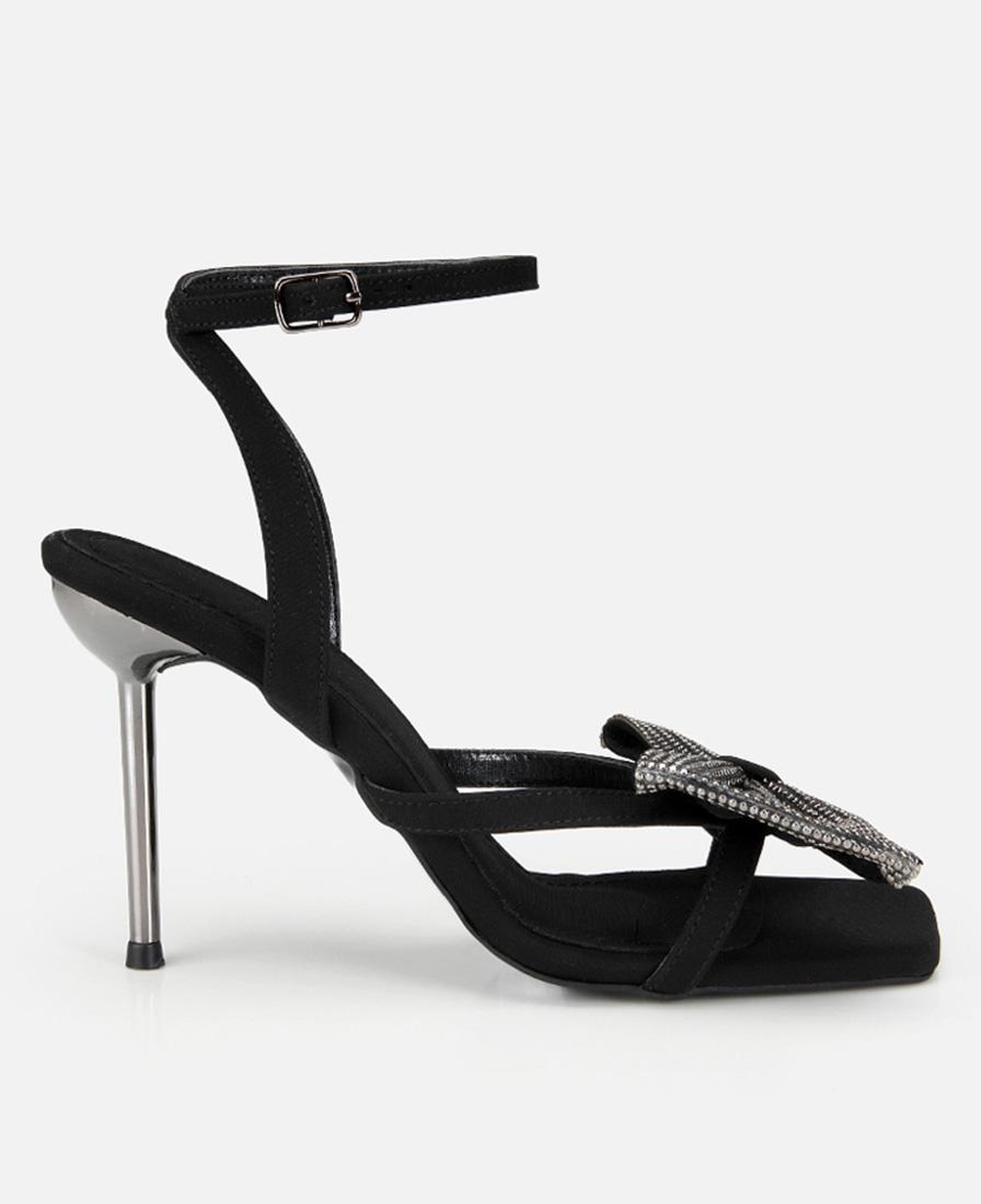 Kadın Siyah Taşlı Fiyonk Detaylı İnce Topuklu Stiletto