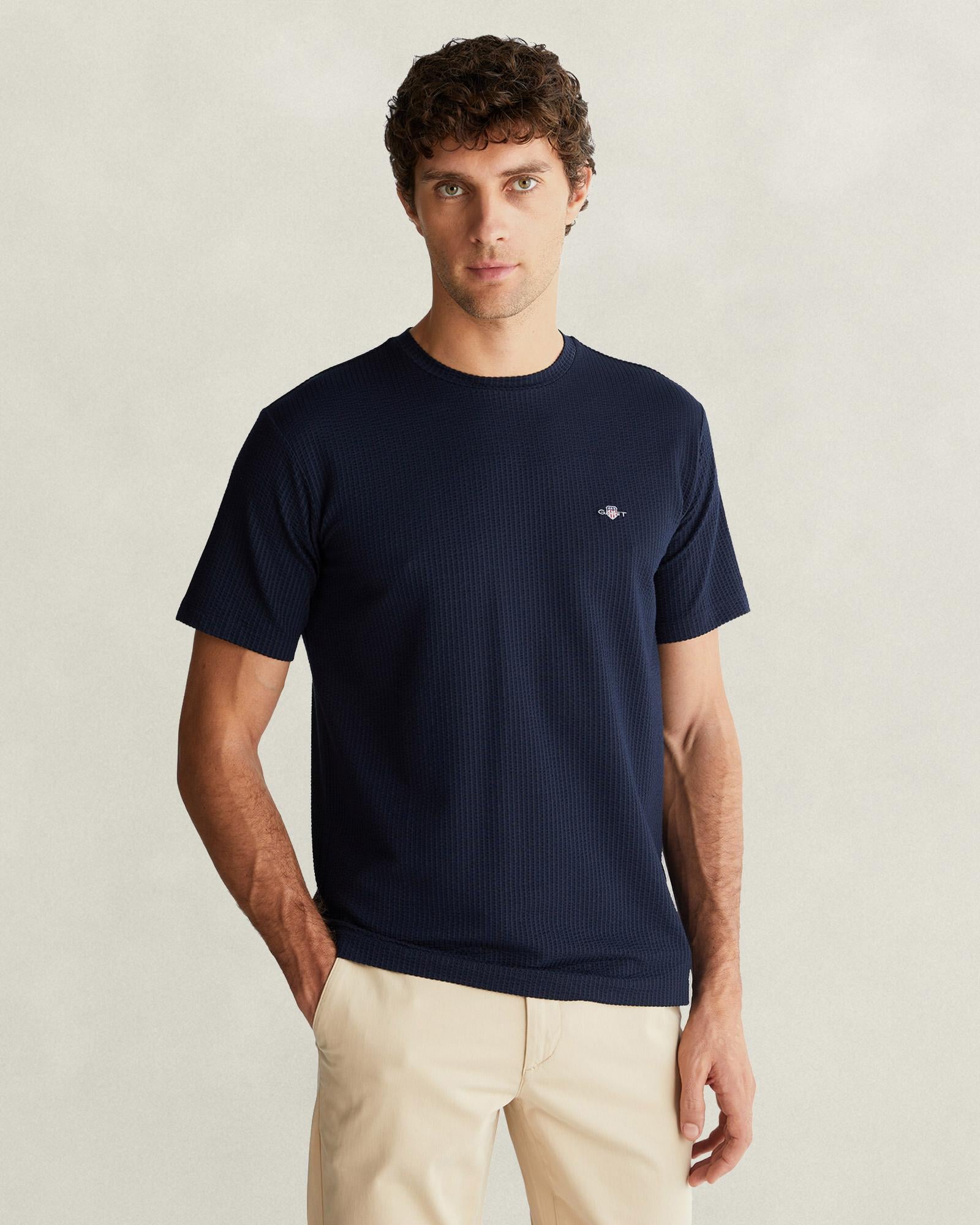 GANT Erkek Lacivert Bisiklet Yaka Regular Fit Logolu T-Shirt