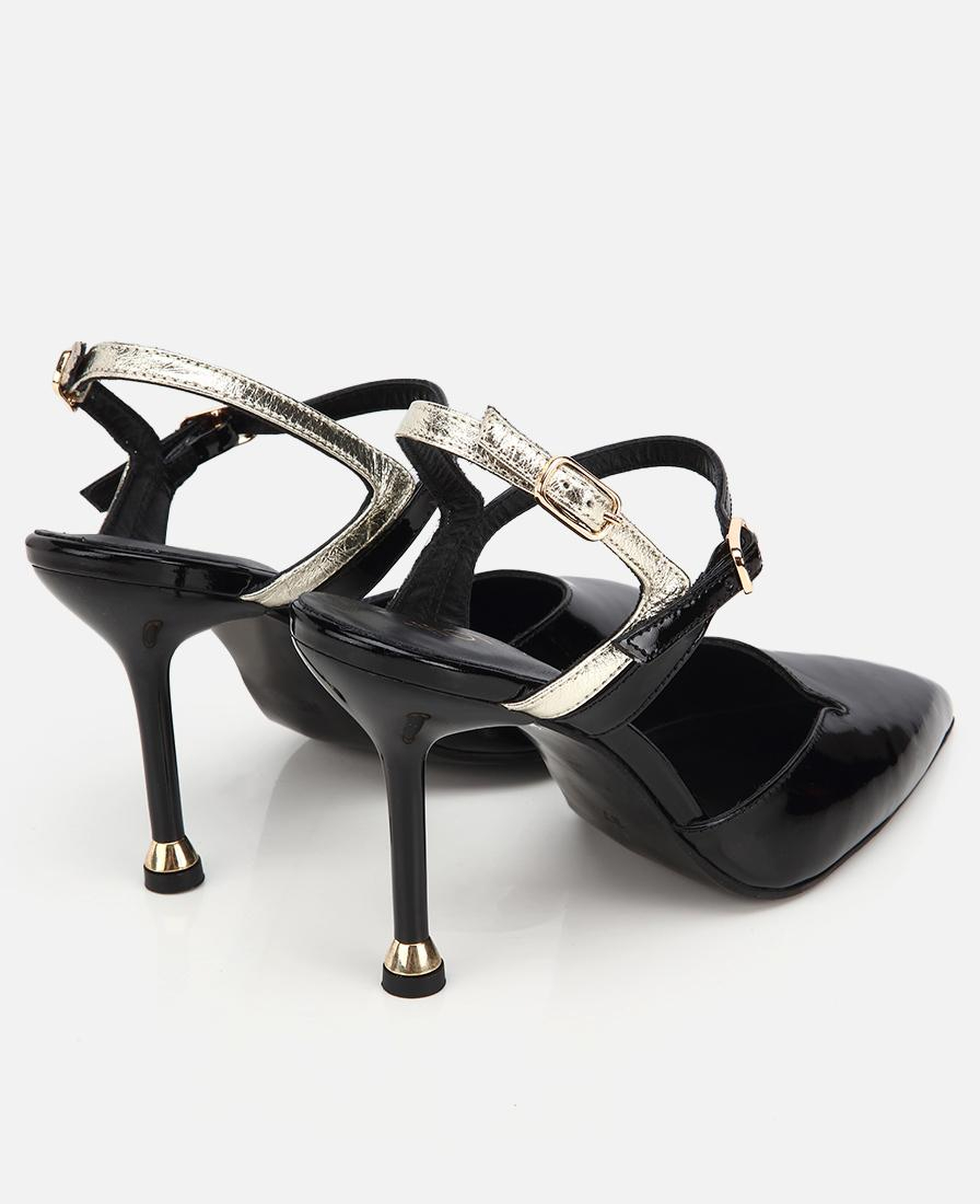 Kadın Deri Rugan Siyah Bilekte Bağlamalı Gold İnce Topuklu Stiletto