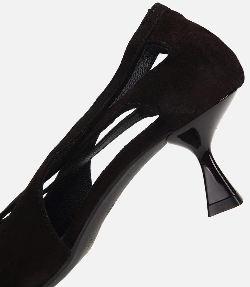 Kadın Süet Deri Siyah Gold Tokalı Fiyonk Detaylı Sivri Burun Stiletto