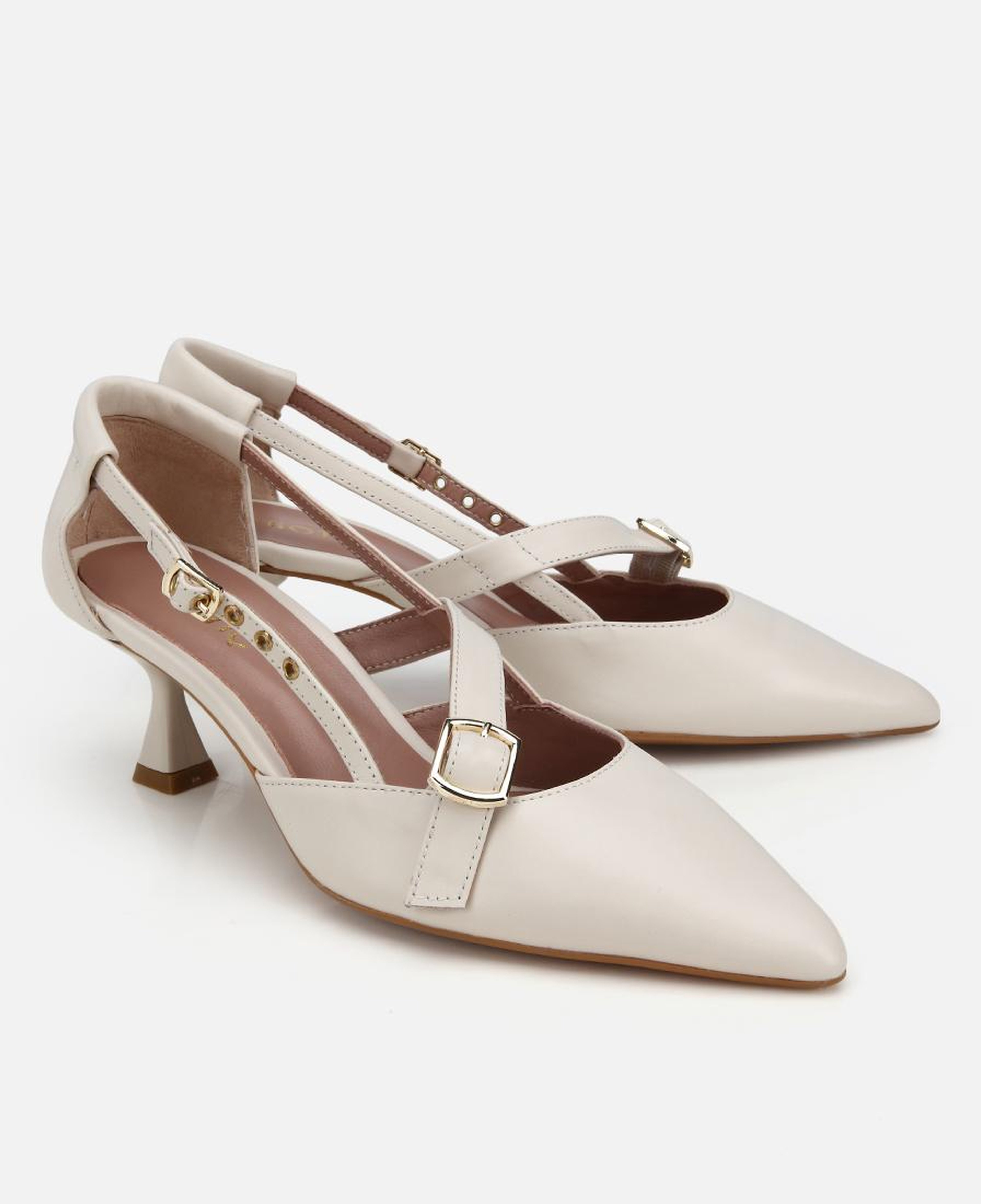 Kadın Deri Ekru Bant Detaylı İnce Topuklu Stiletto