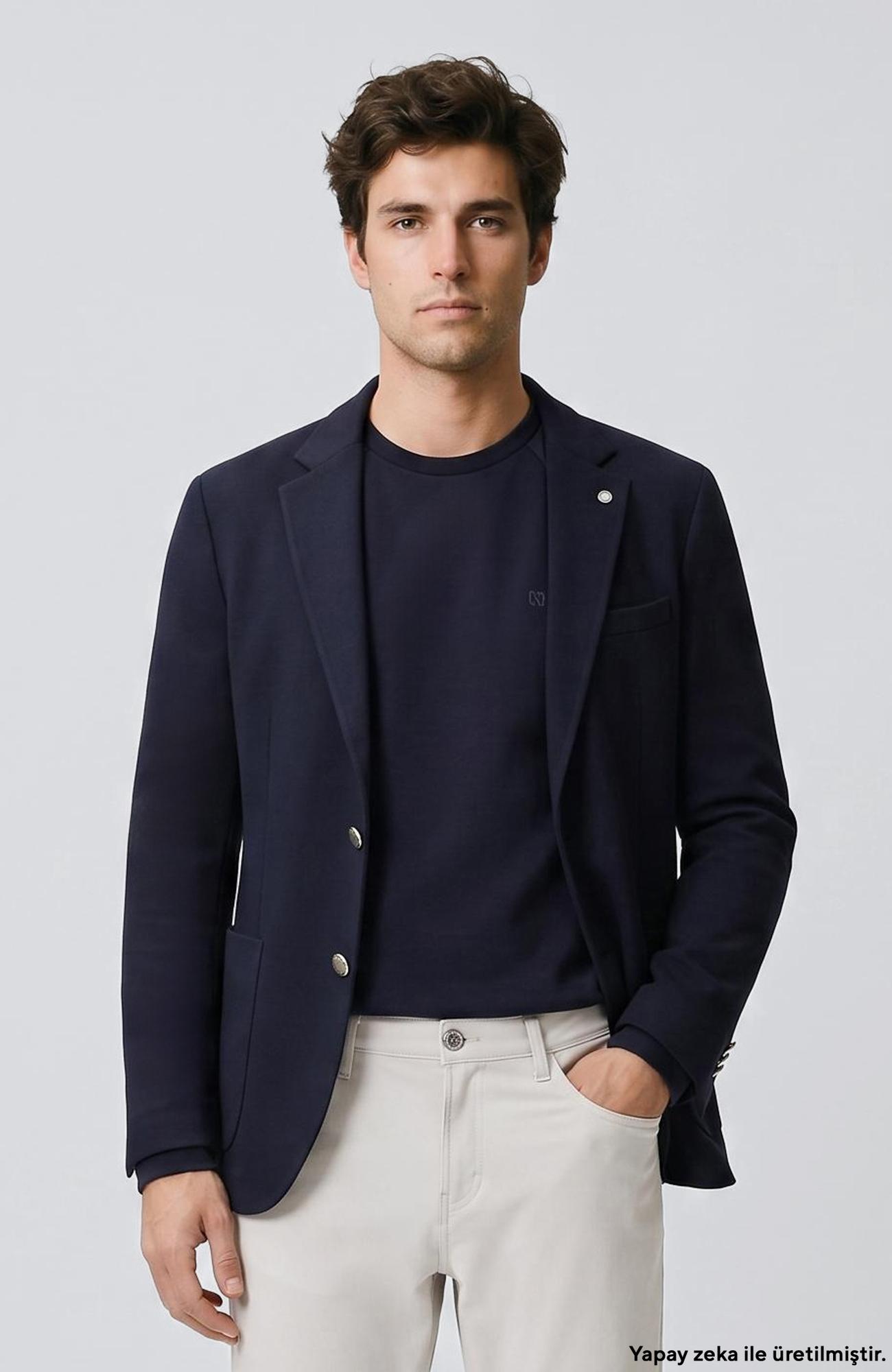 Network Erkek Slim Fit Lacivert Armür Desen Örme Ceket