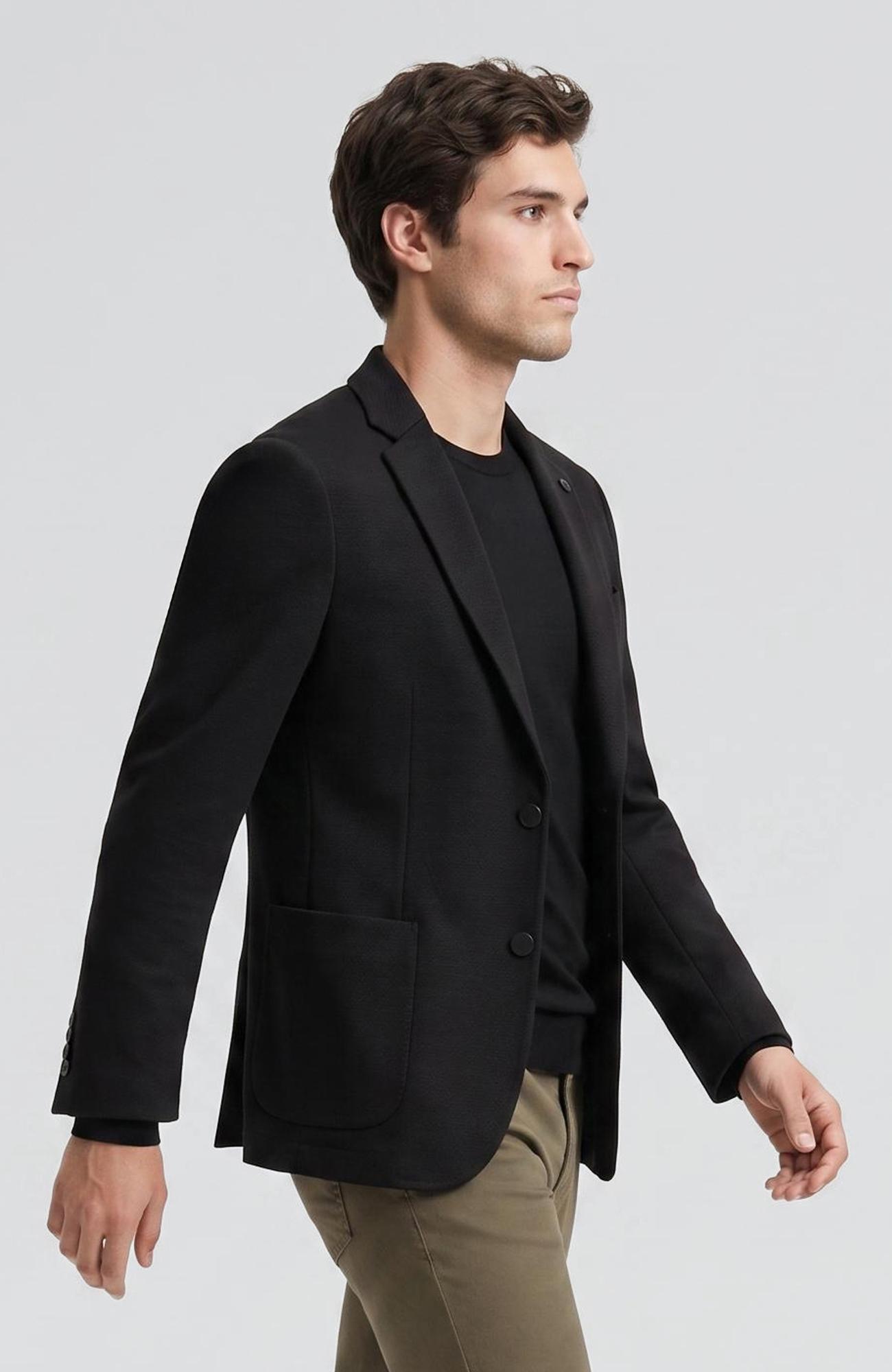 Network Erkek Siyah Slim Fit Armür Desen Örme Ceket