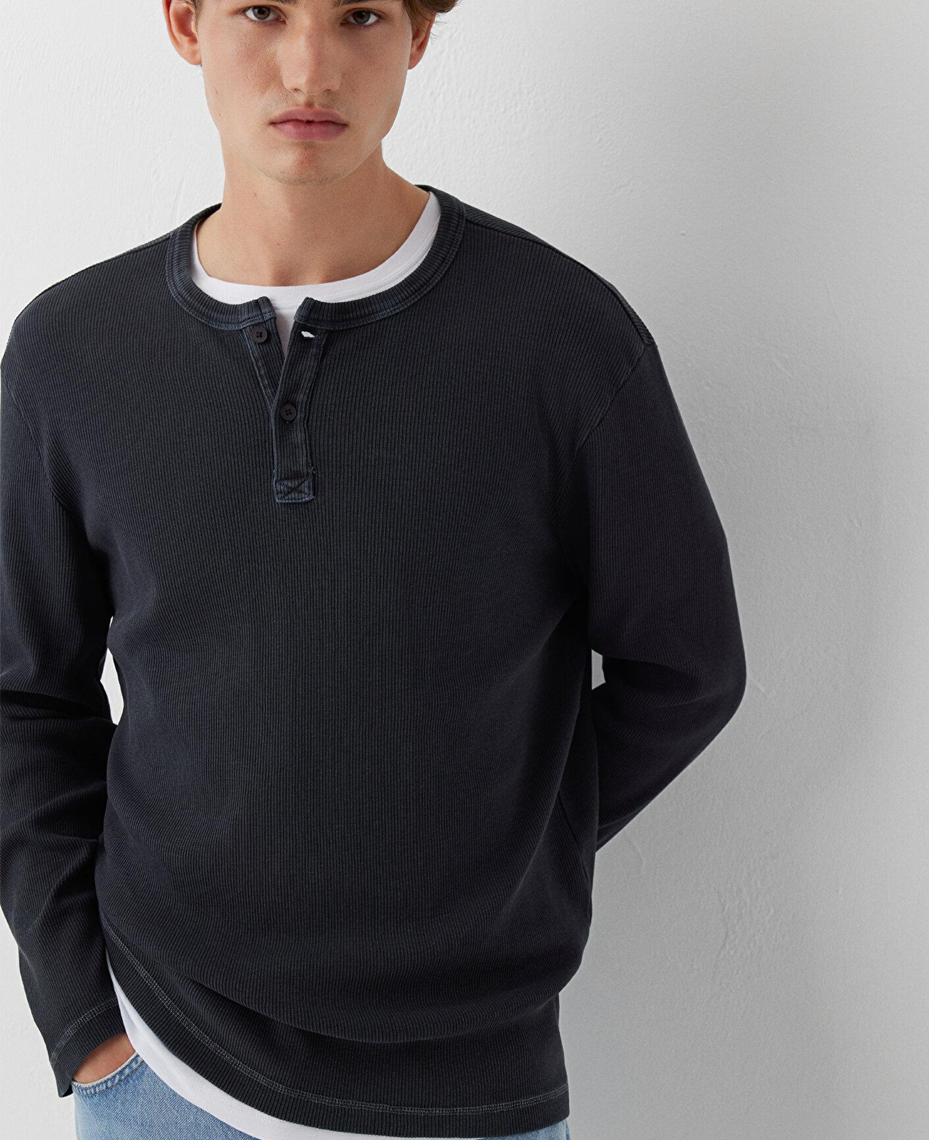 Mavi Yarı Düğmeli Uzun Kollu Antrasit Tişört Slim Fit / Dar Kesim 0620261-82908