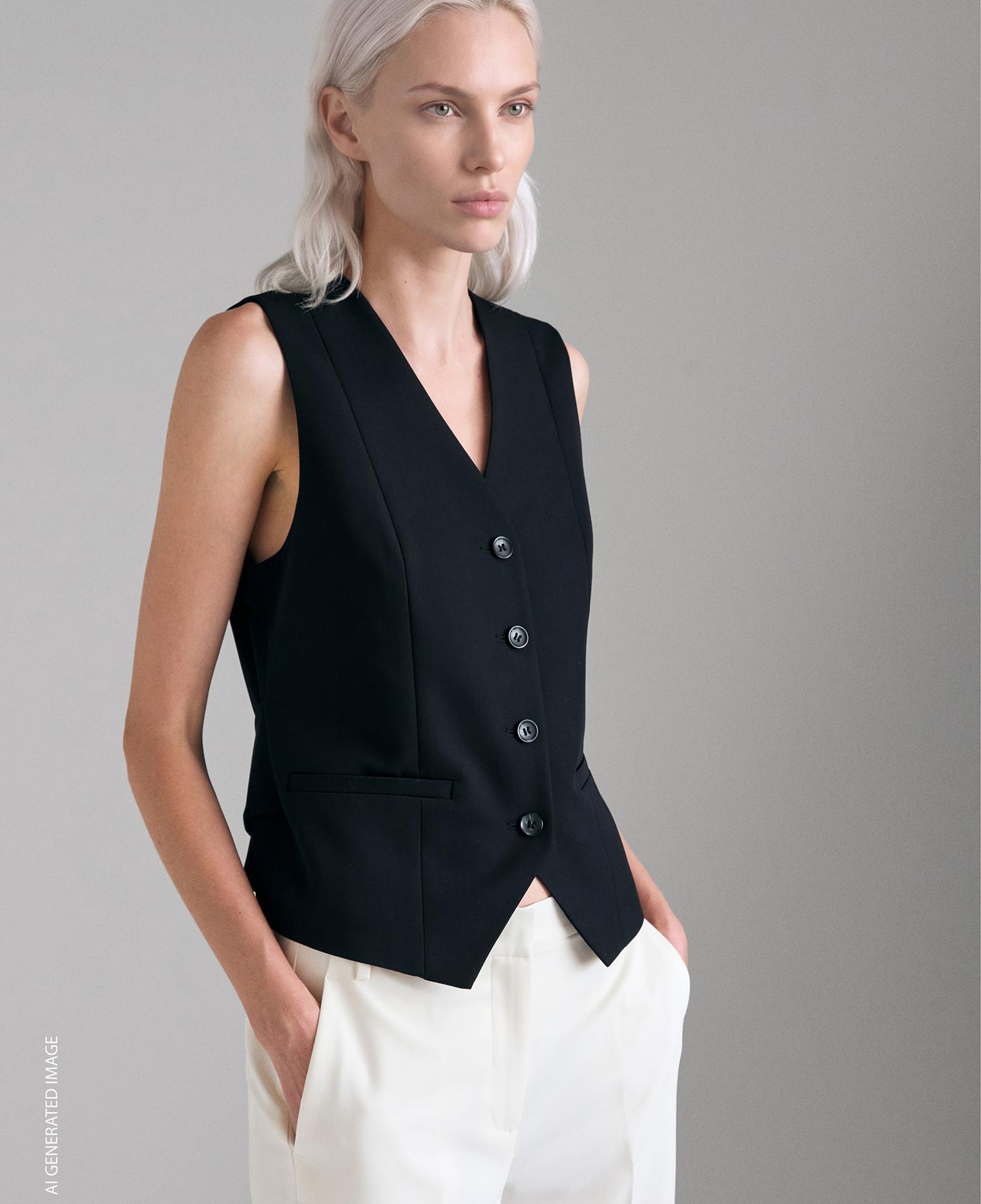 Kadın Siyah Viskoz Karışımlı Slim Fit Cepli Yelek