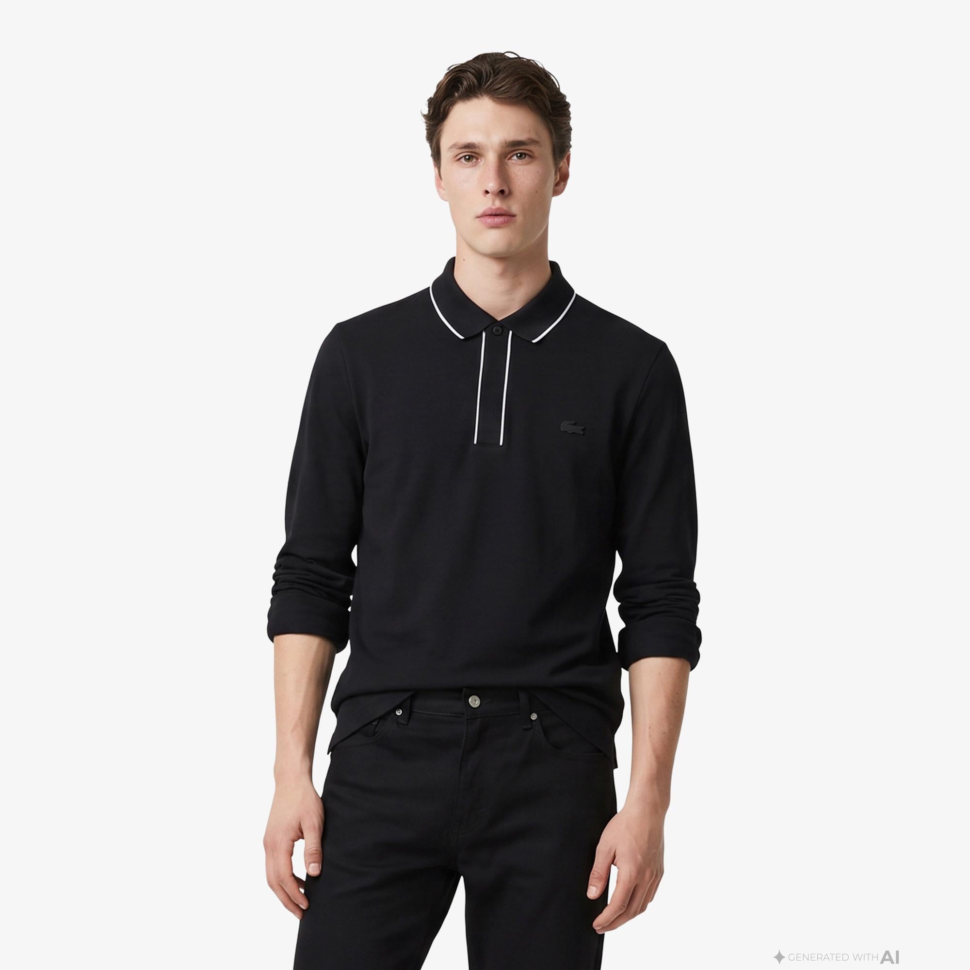 Erkek Regular Fit Uzun Kollu Siyah Paris Polo