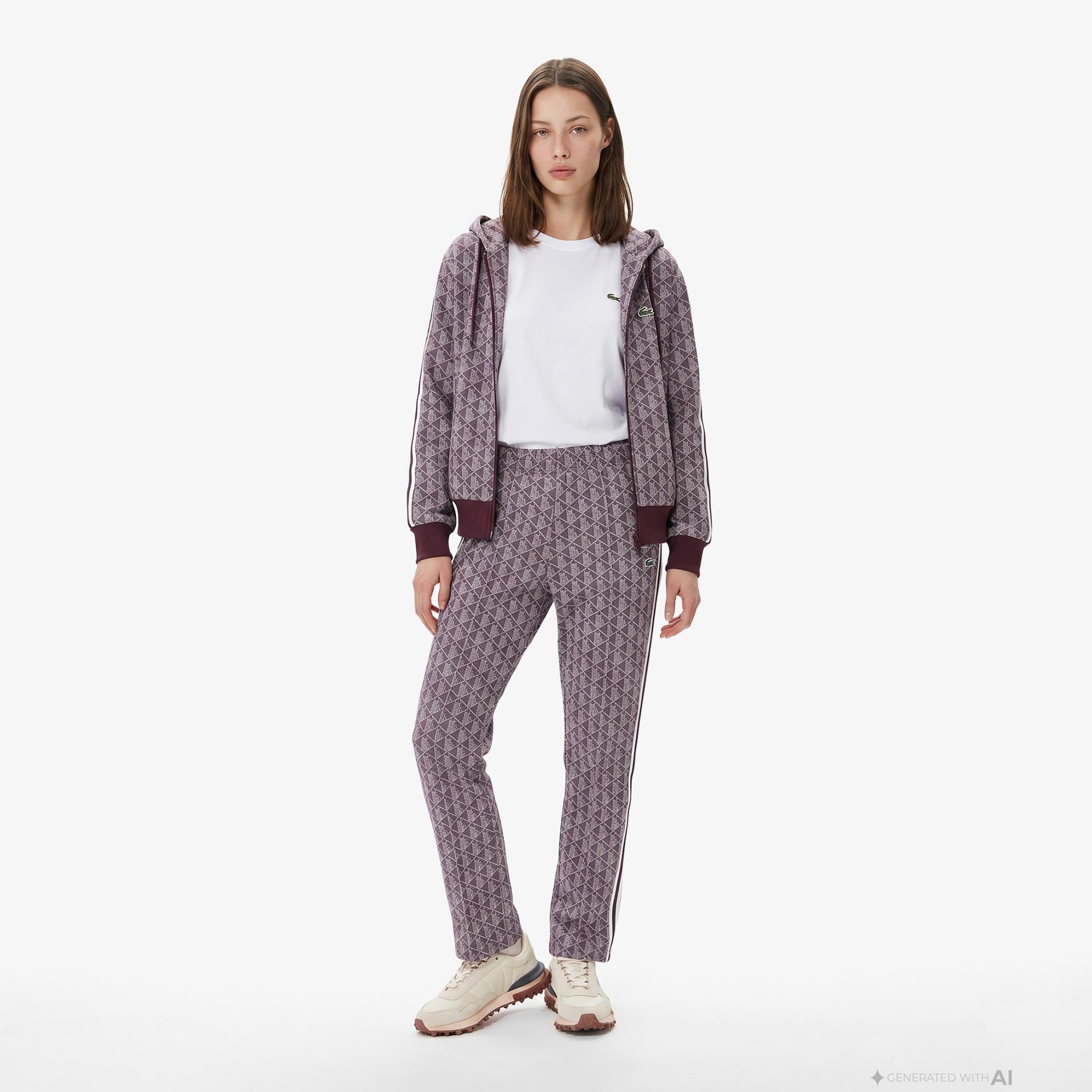 Kadın Regular Fit Fermuarlı Monogram Bordo Sweatshirt
