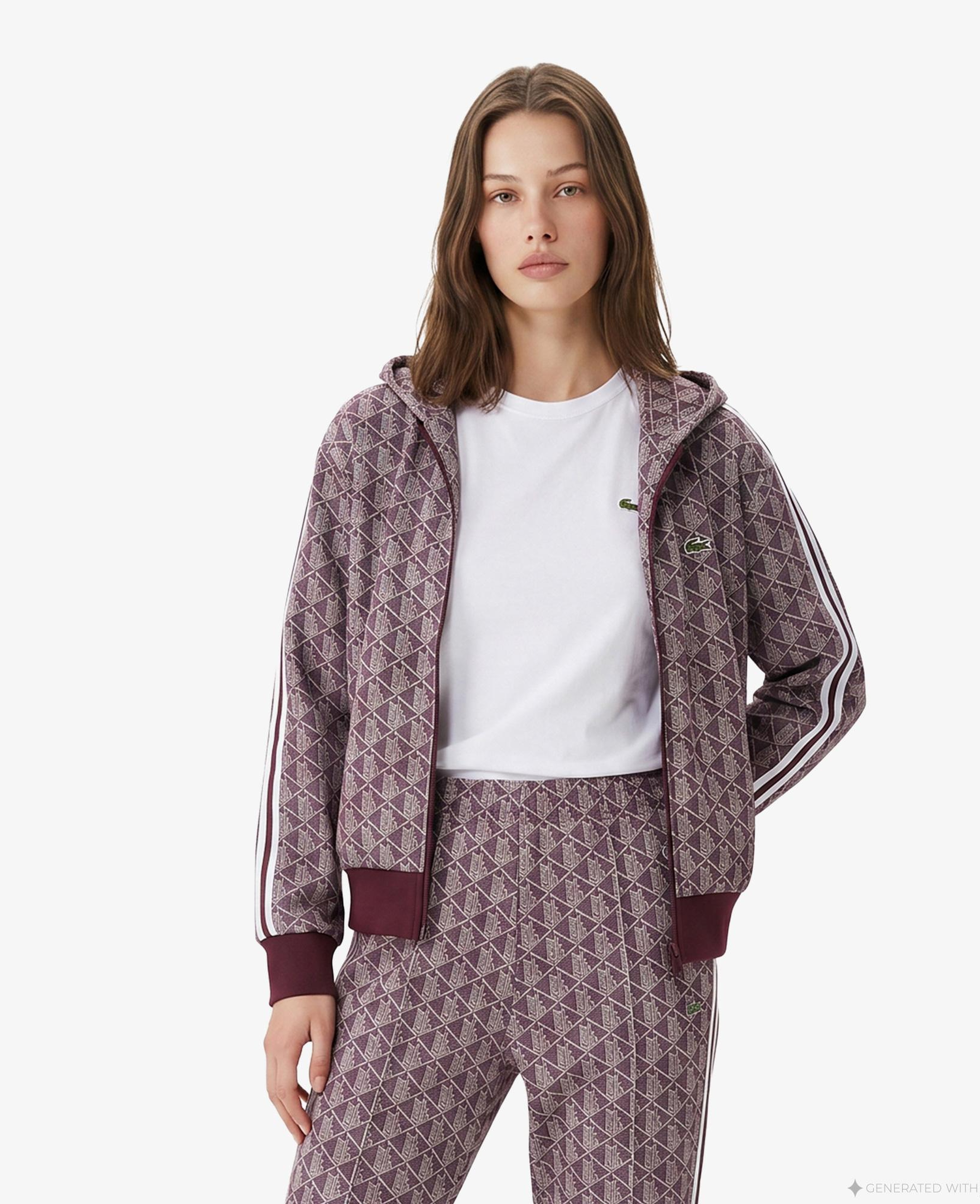 Kadın Regular Fit Fermuarlı Monogram Bordo Sweatshirt