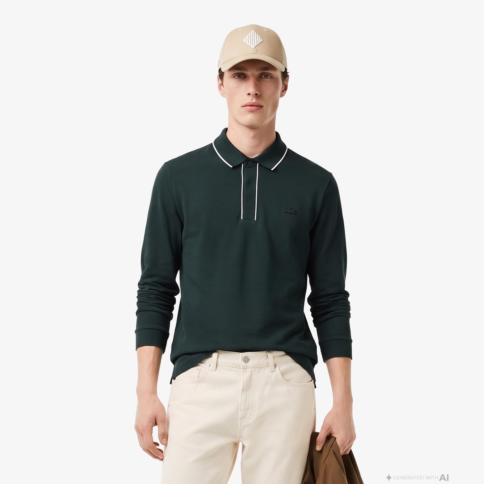 Erkek Regular Fit Uzun Kollu Koyu Yeşil Paris Polo