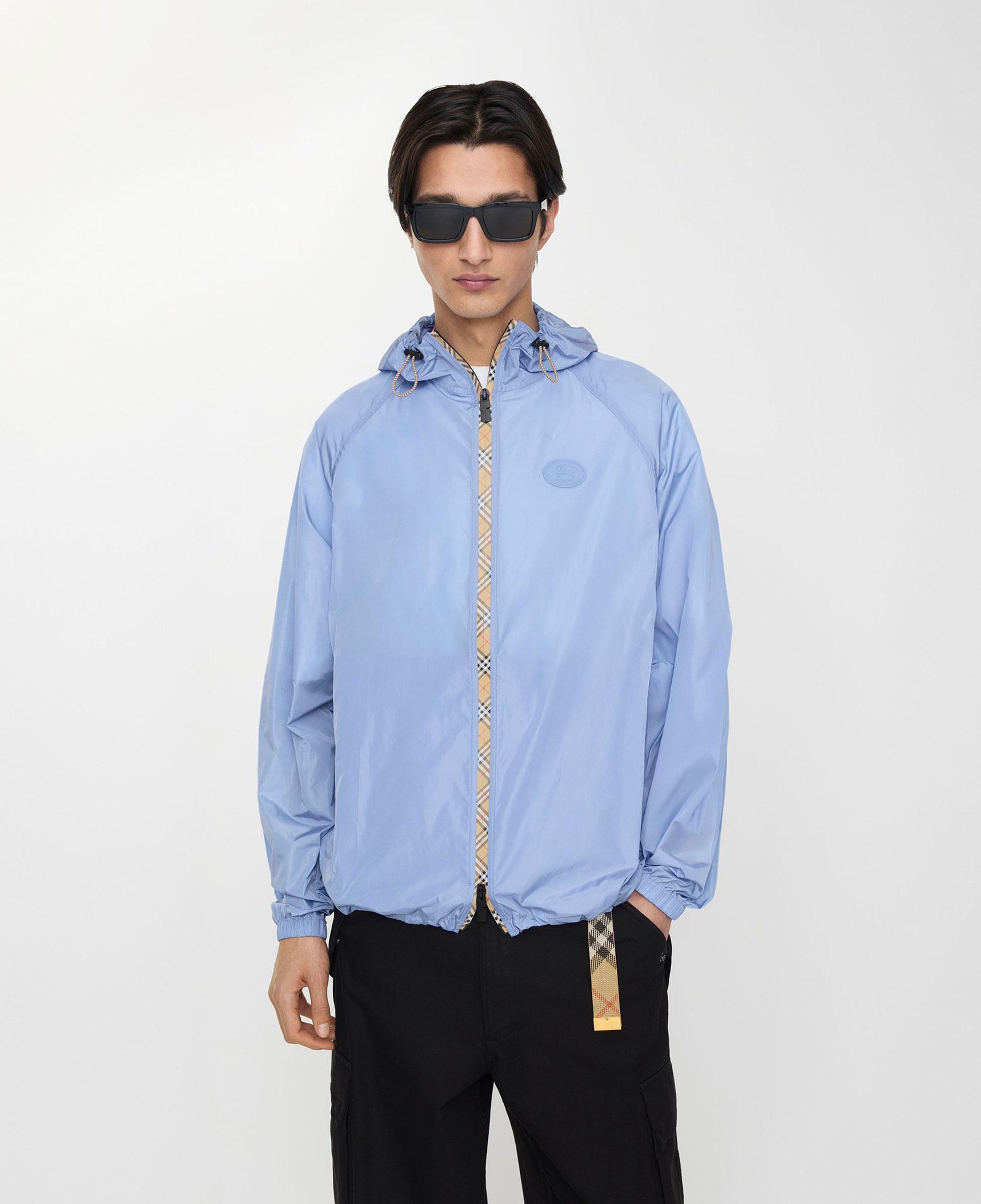 Burberry Checker-Tape Nylon Hooded Erkek Mavi Rüzgarlık