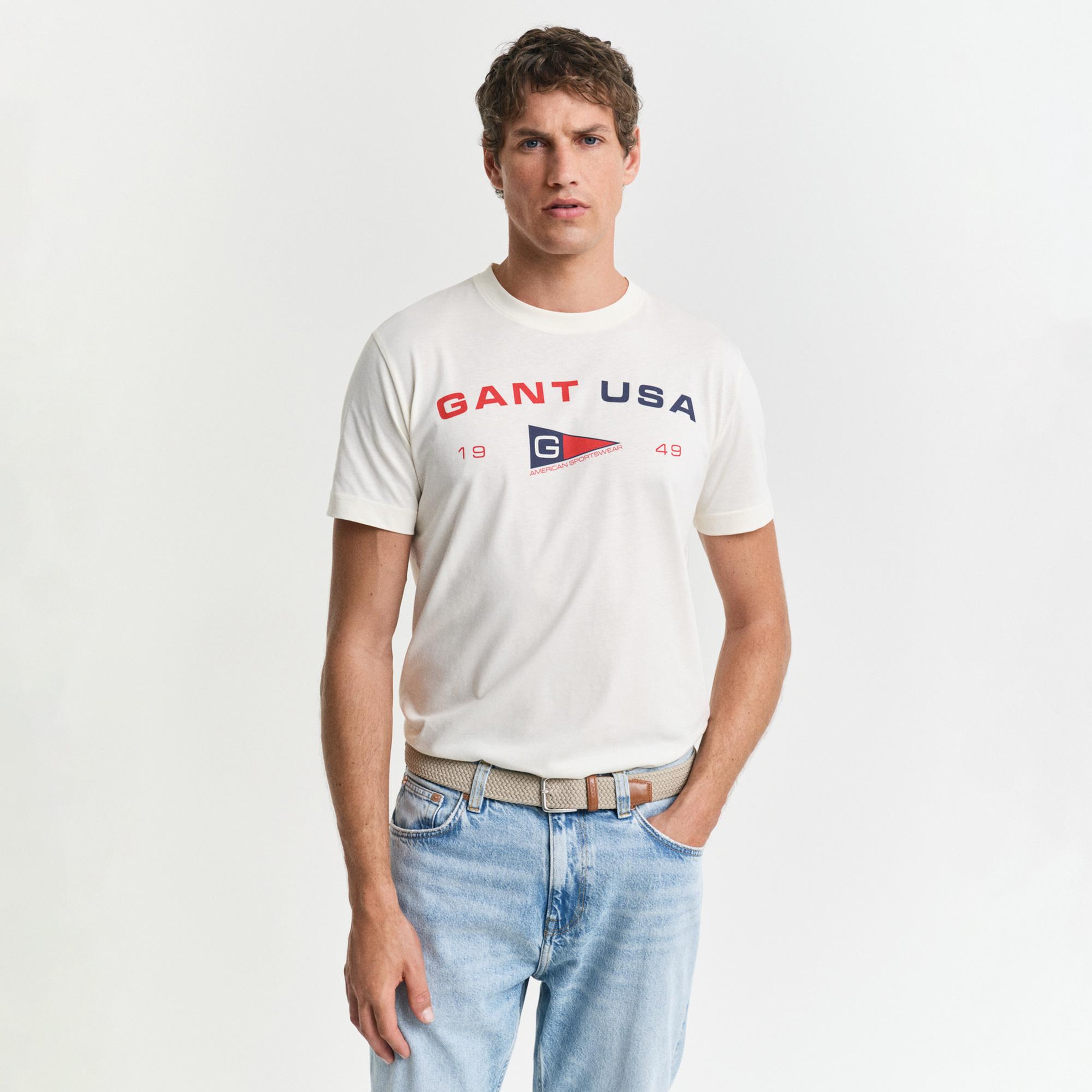 GANT Erkek Krem Regular Fit Bisiklet Yaka Logolu T-Shirt