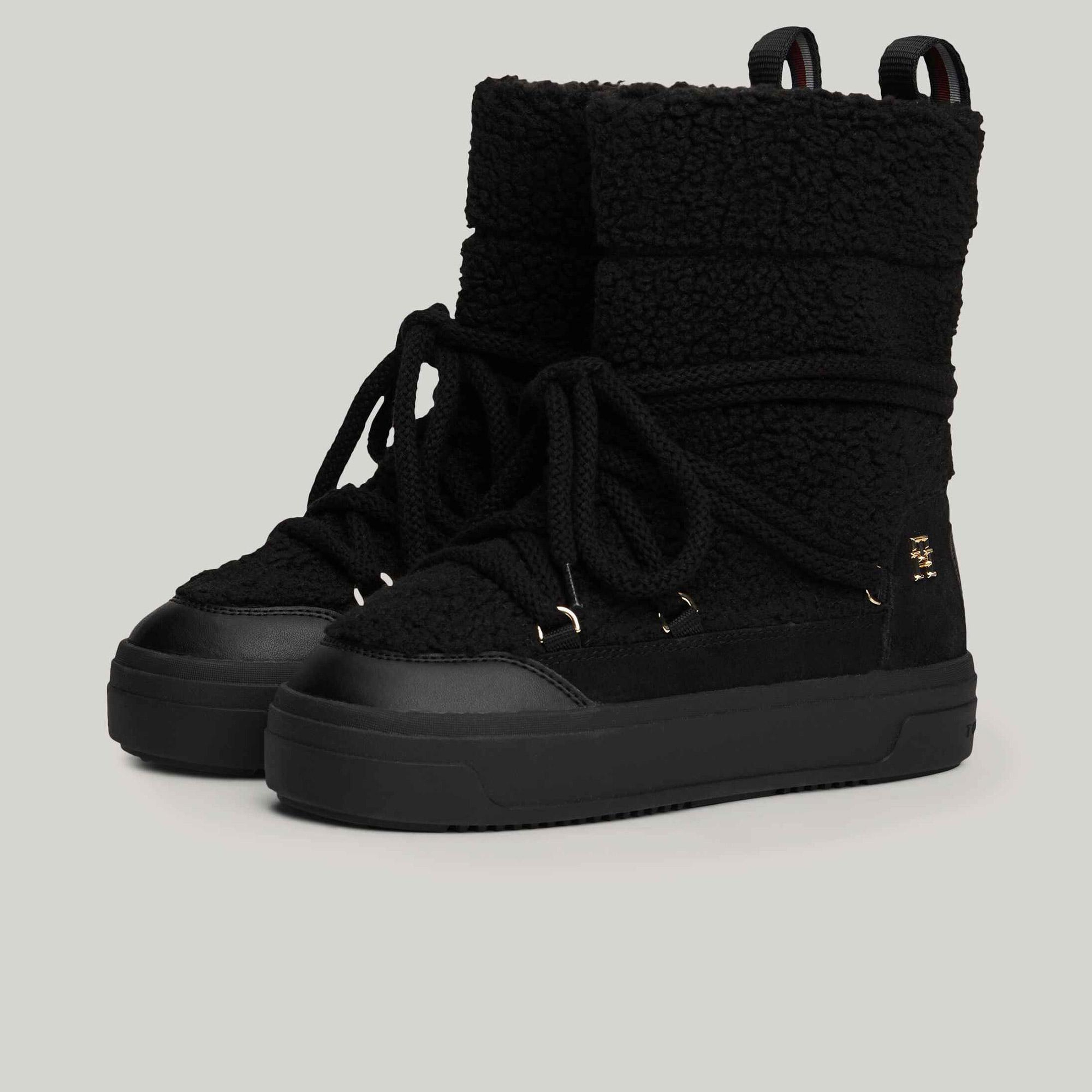 Tommy Hilfiger Lace-Up Faux Shearling Kadın Siyah Bot