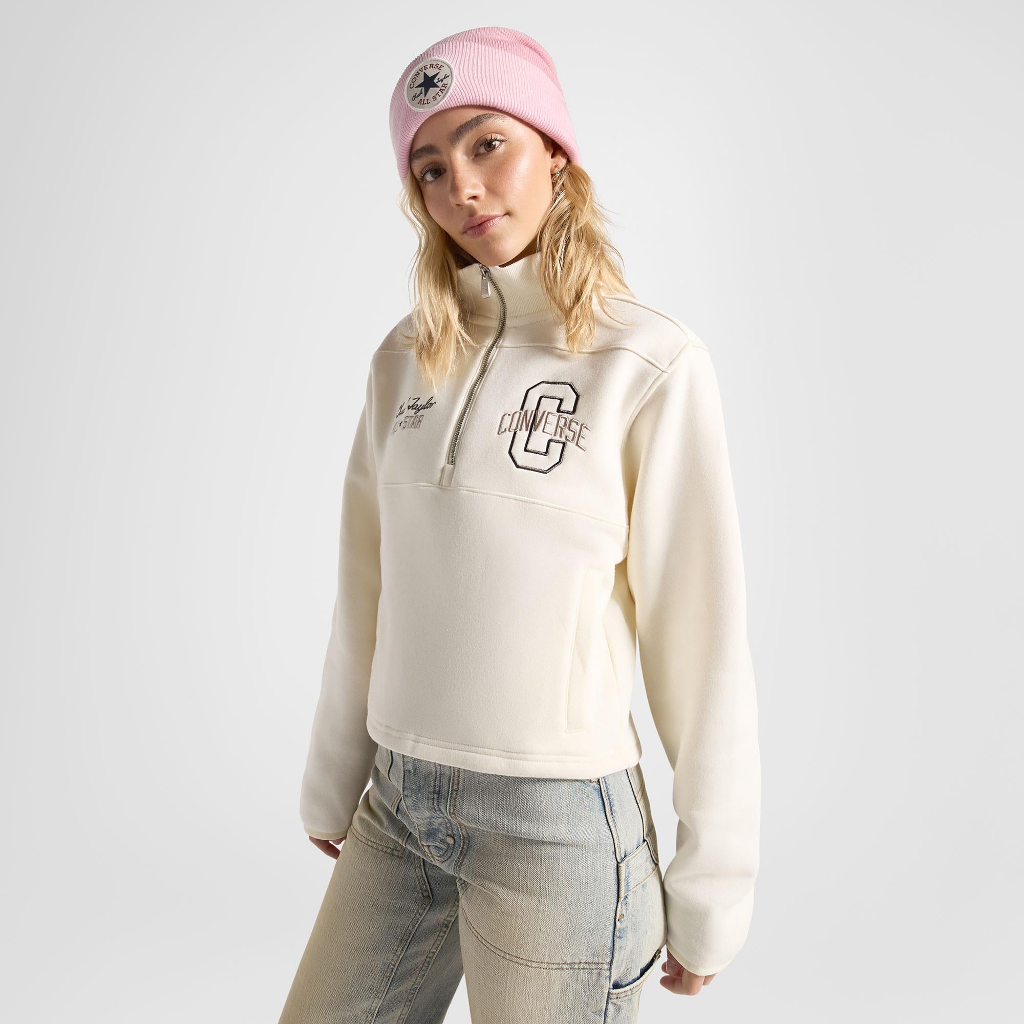 Converse Classic Kadın Yarım Fermuarlı Krem Sweatshirt