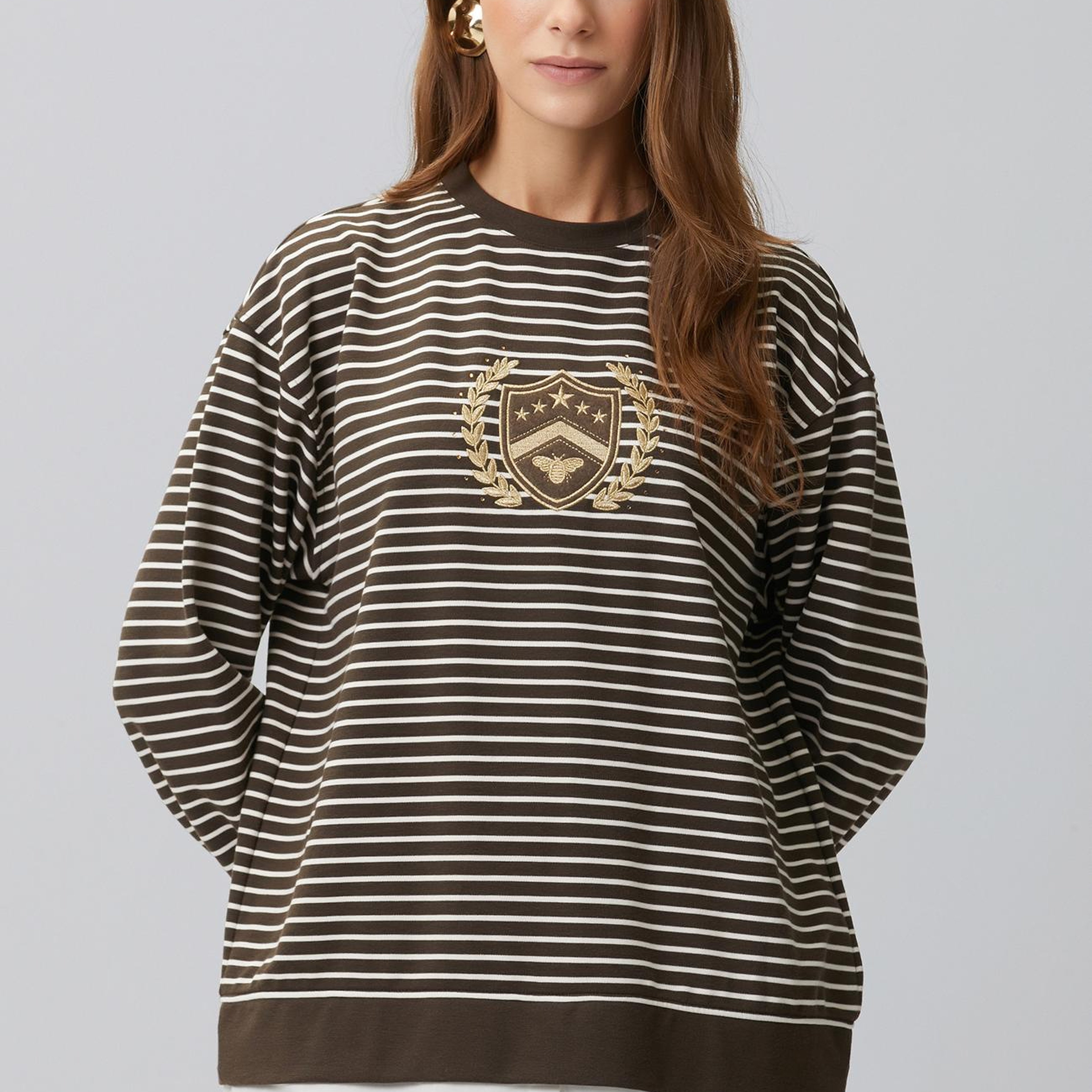 Network Kadın Acı Kahve Ekru Dokuma Garnili Sweatshirt