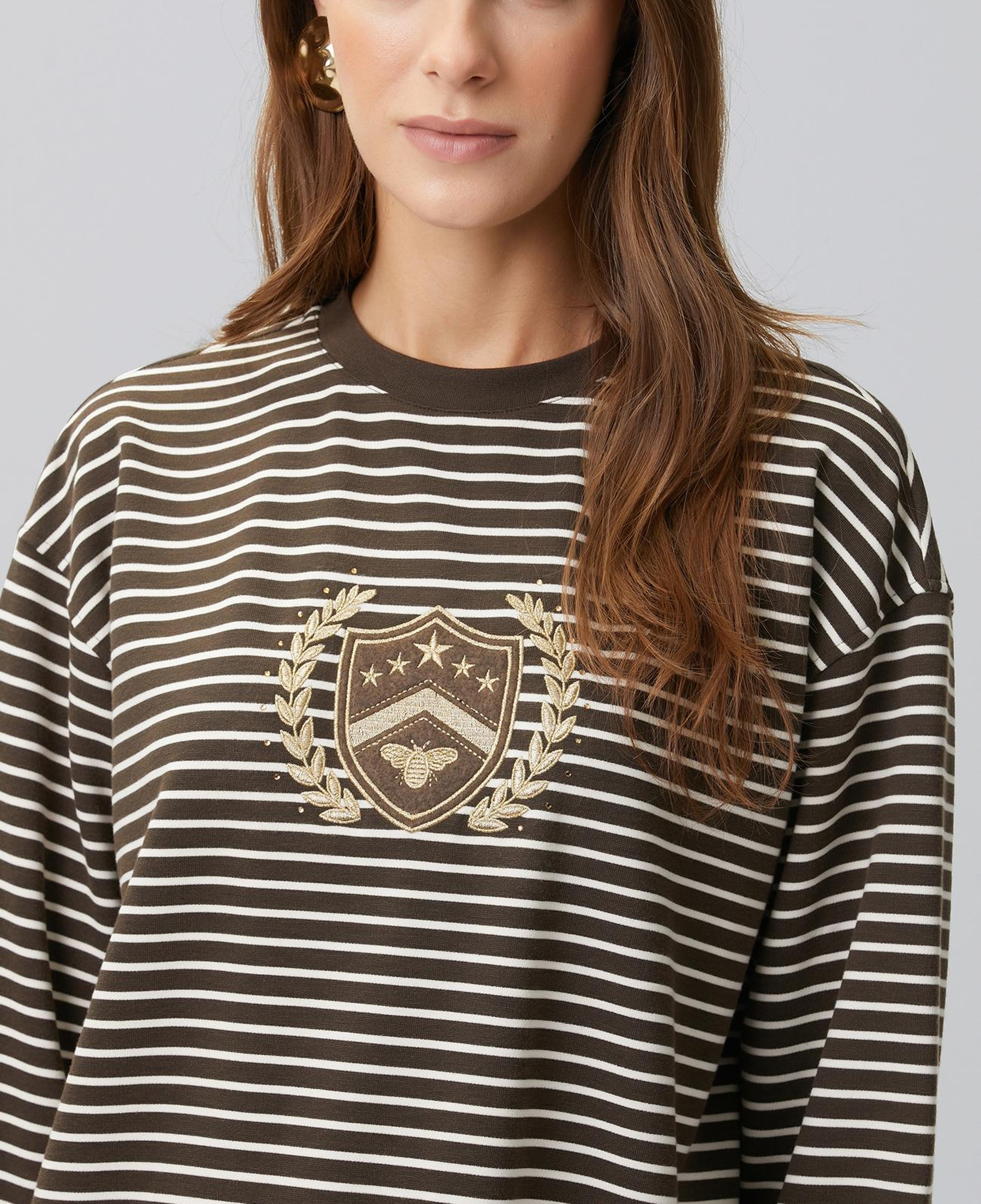 Network Kadın Acı Kahve Ekru Dokuma Garnili Sweatshirt