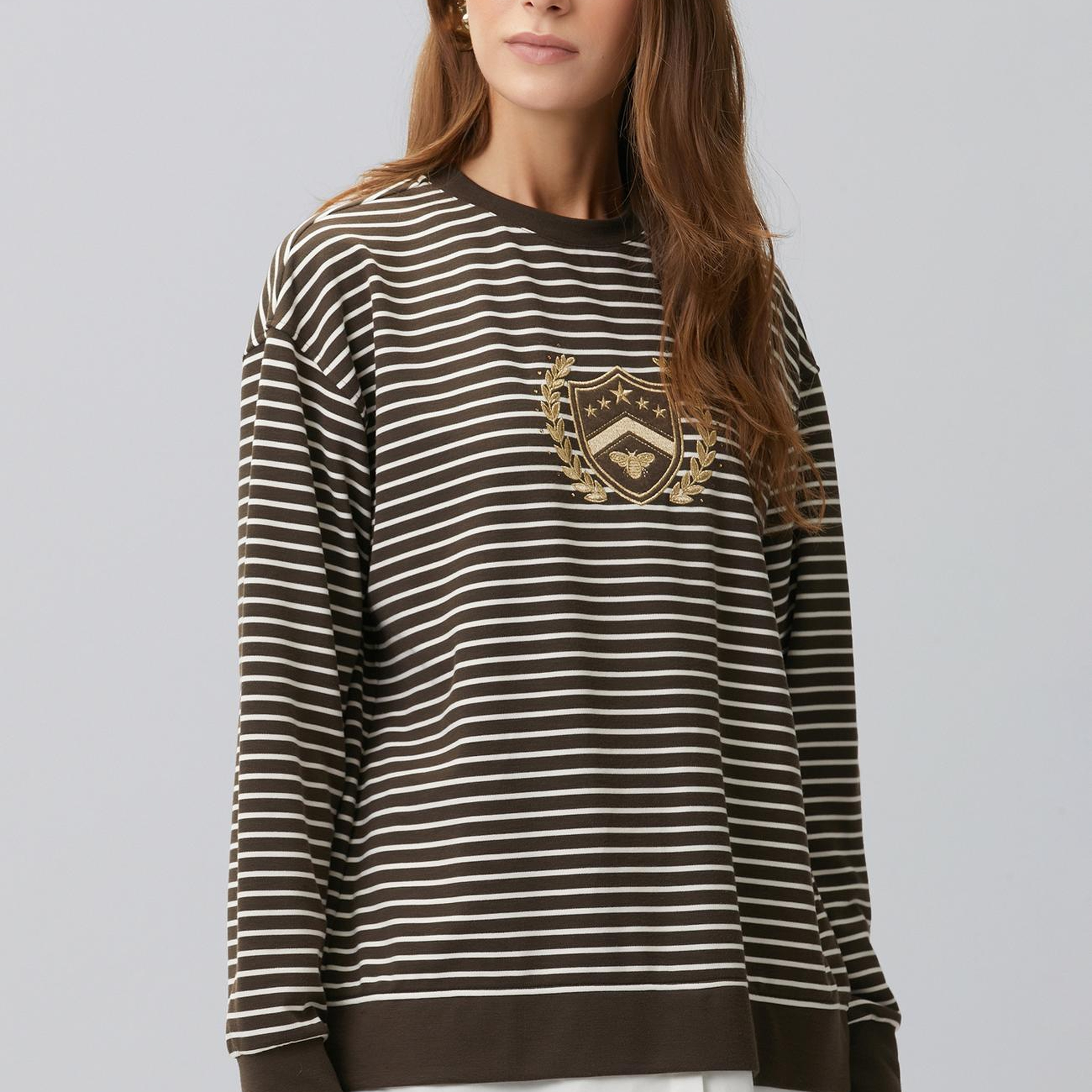 Network Kadın Acı Kahve Ekru Dokuma Garnili Sweatshirt