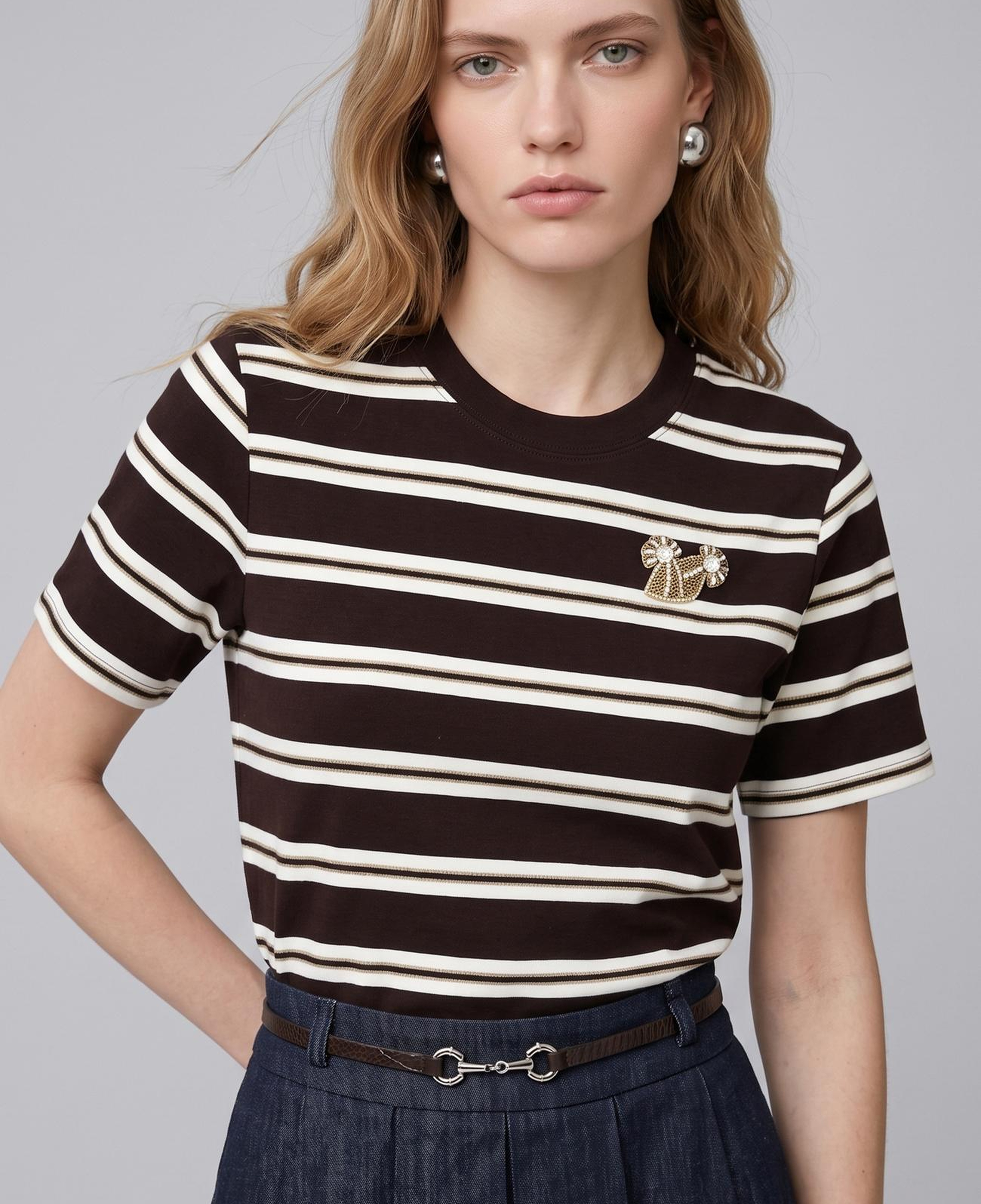 Network Kadın Acı Kahve Kırık Beyaz Çizgili T-shirt