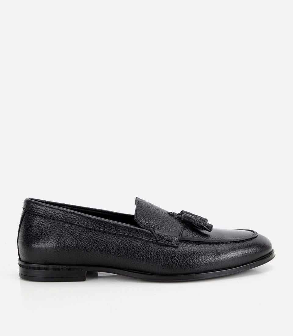 Erkek Deri Siyah Yumuşak Dokulu Püskül Detaylı Klasik Loafer