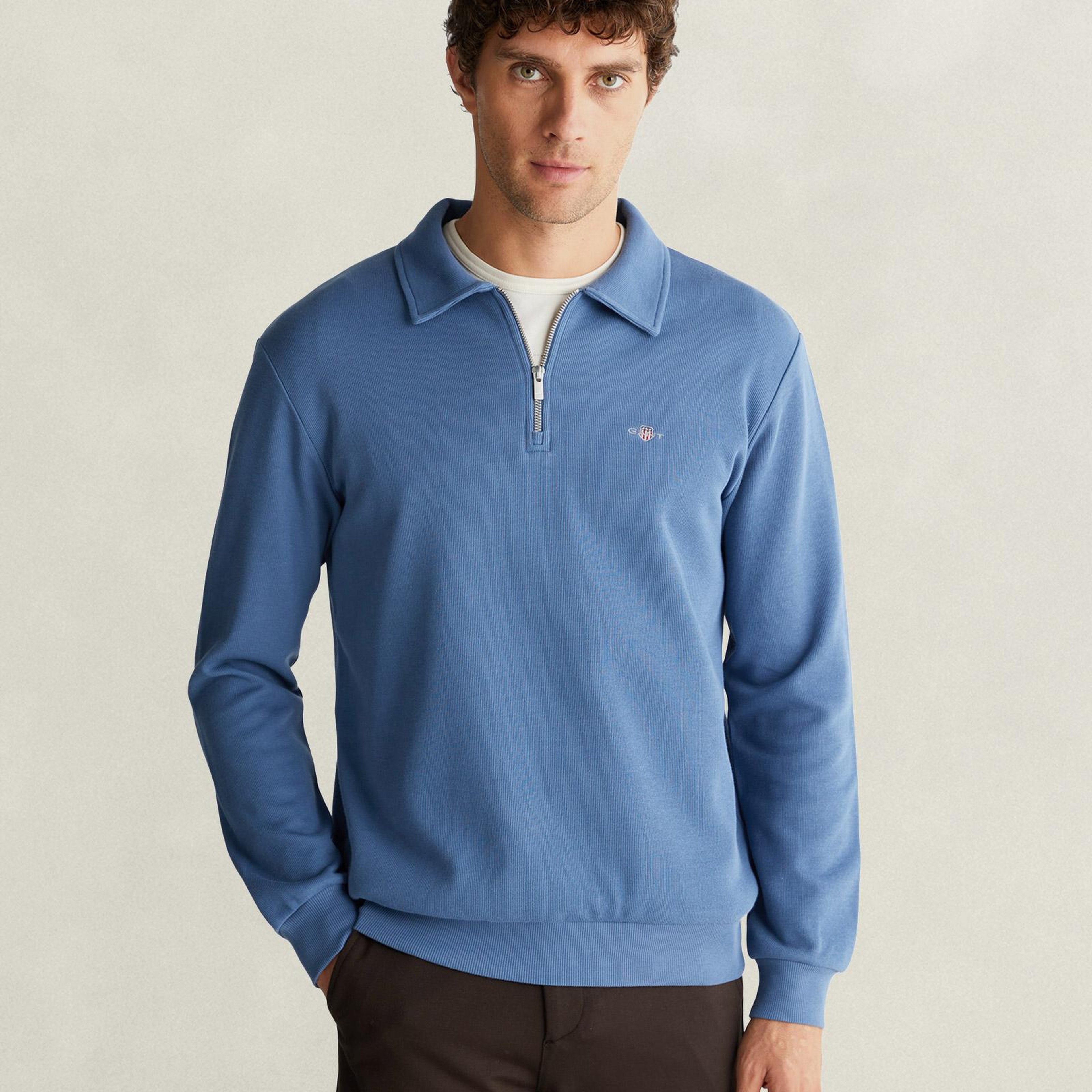 GANT Erkek Mavi Yarım Fermuarlı Sweatshirt