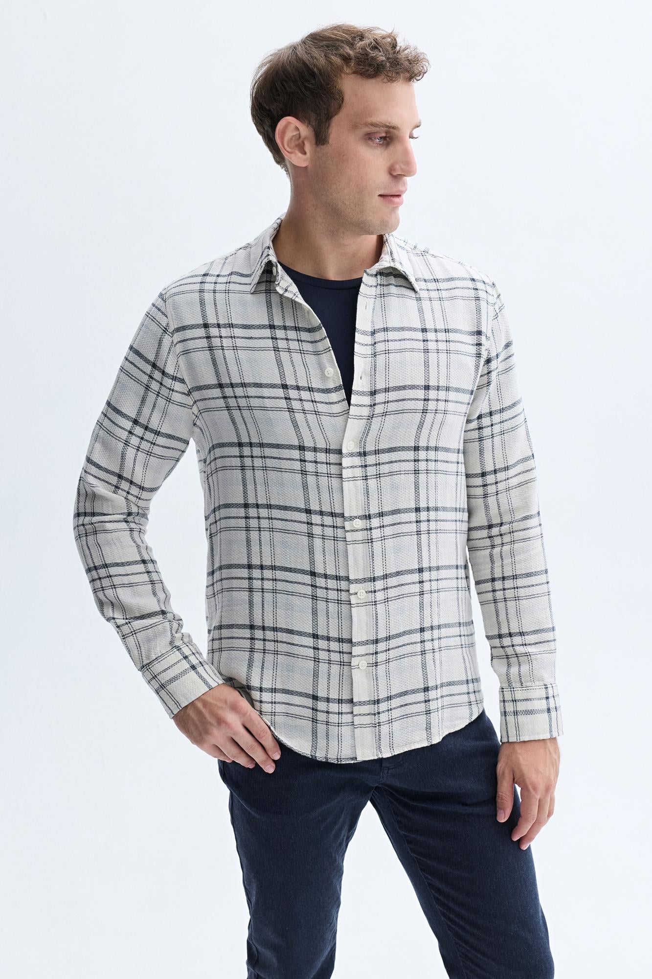 Erkek Ekru Ekoseli Regular Fit Uzun Kollu Gömlek