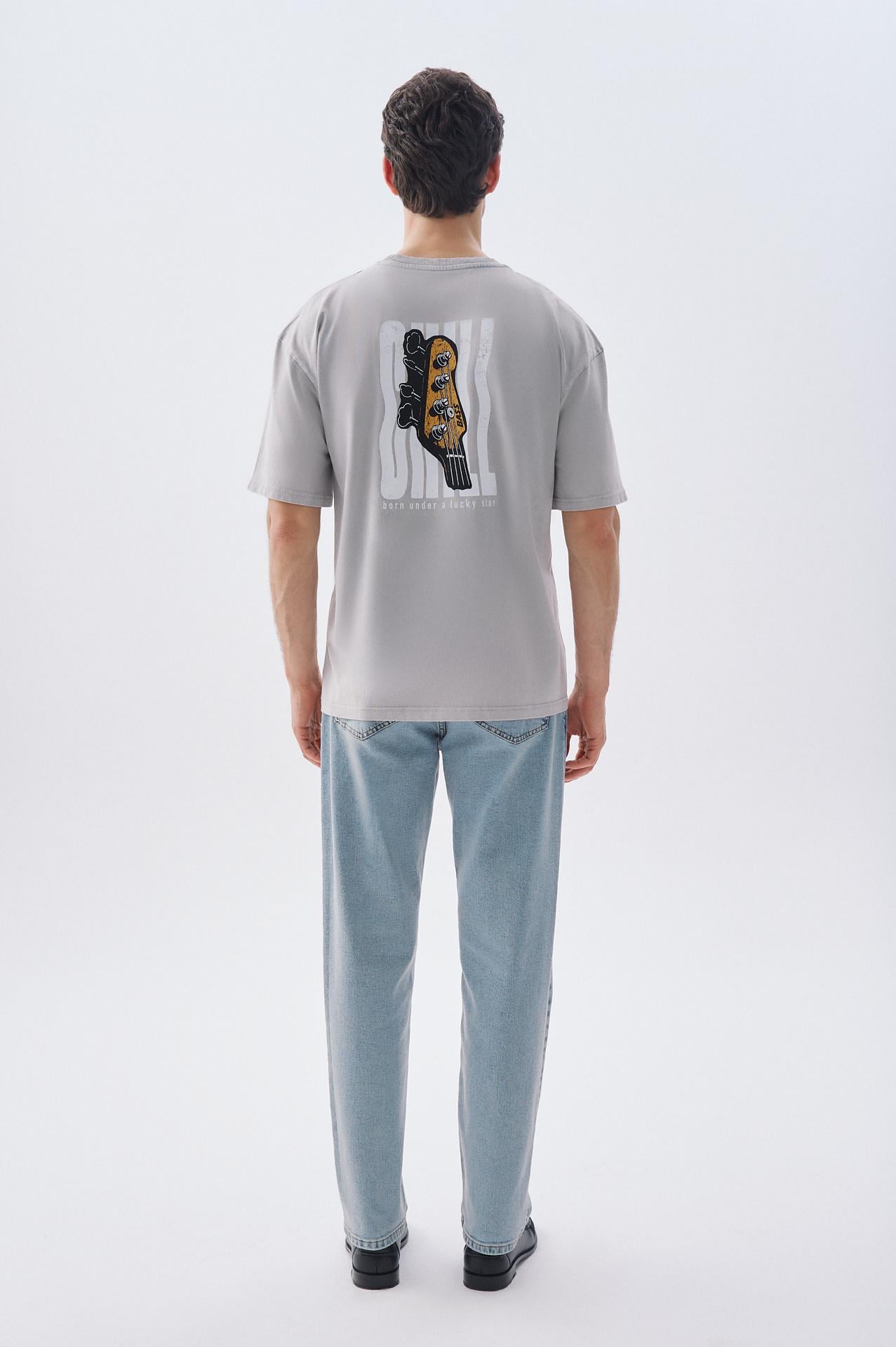 Erkek Gri Baskılı Oversize Bisiklet Yaka T-Shirt